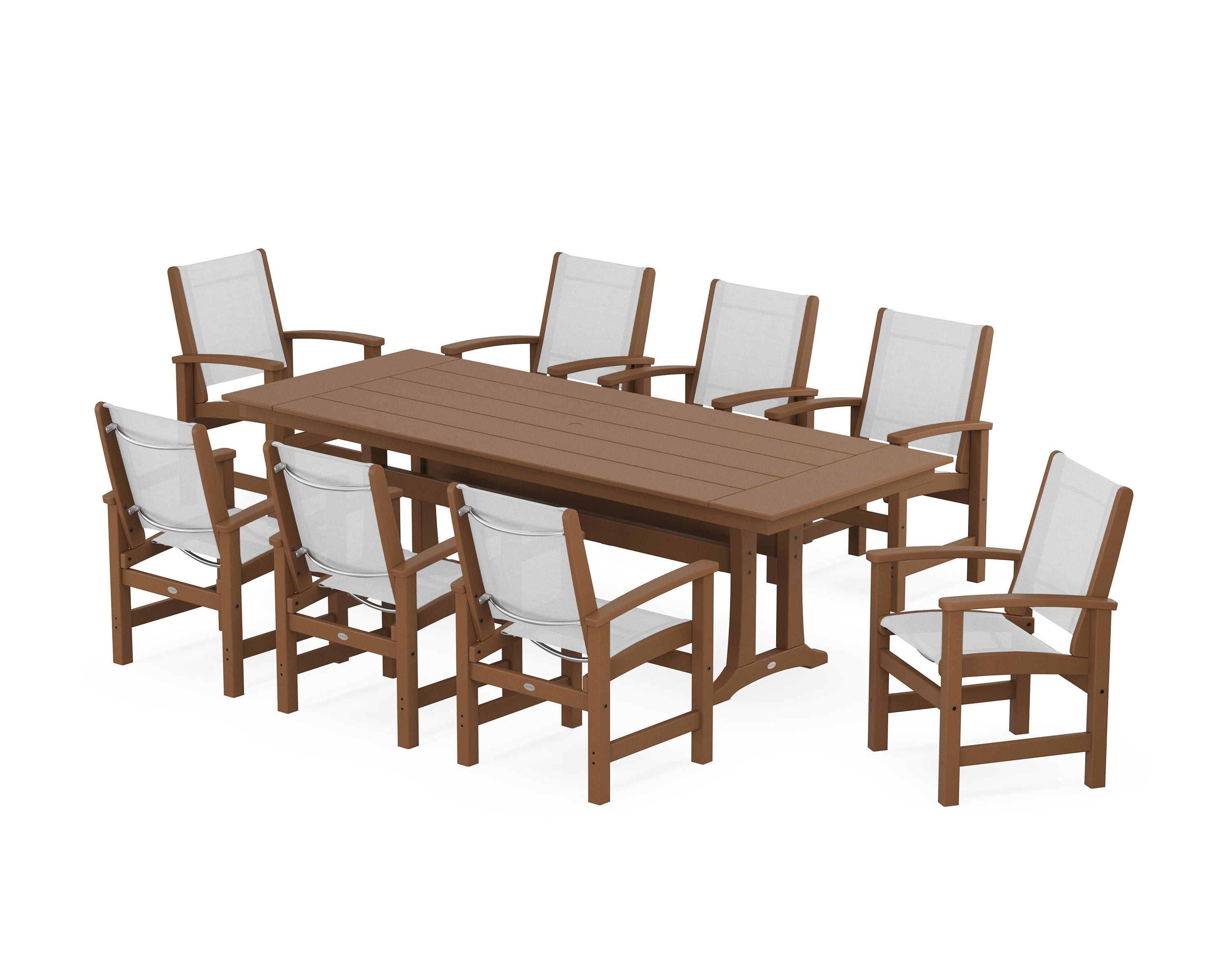 POLYWOOD Coastal 9-Piece Farmhouse Dining Set with Trestle Legs in Teak / White Sling