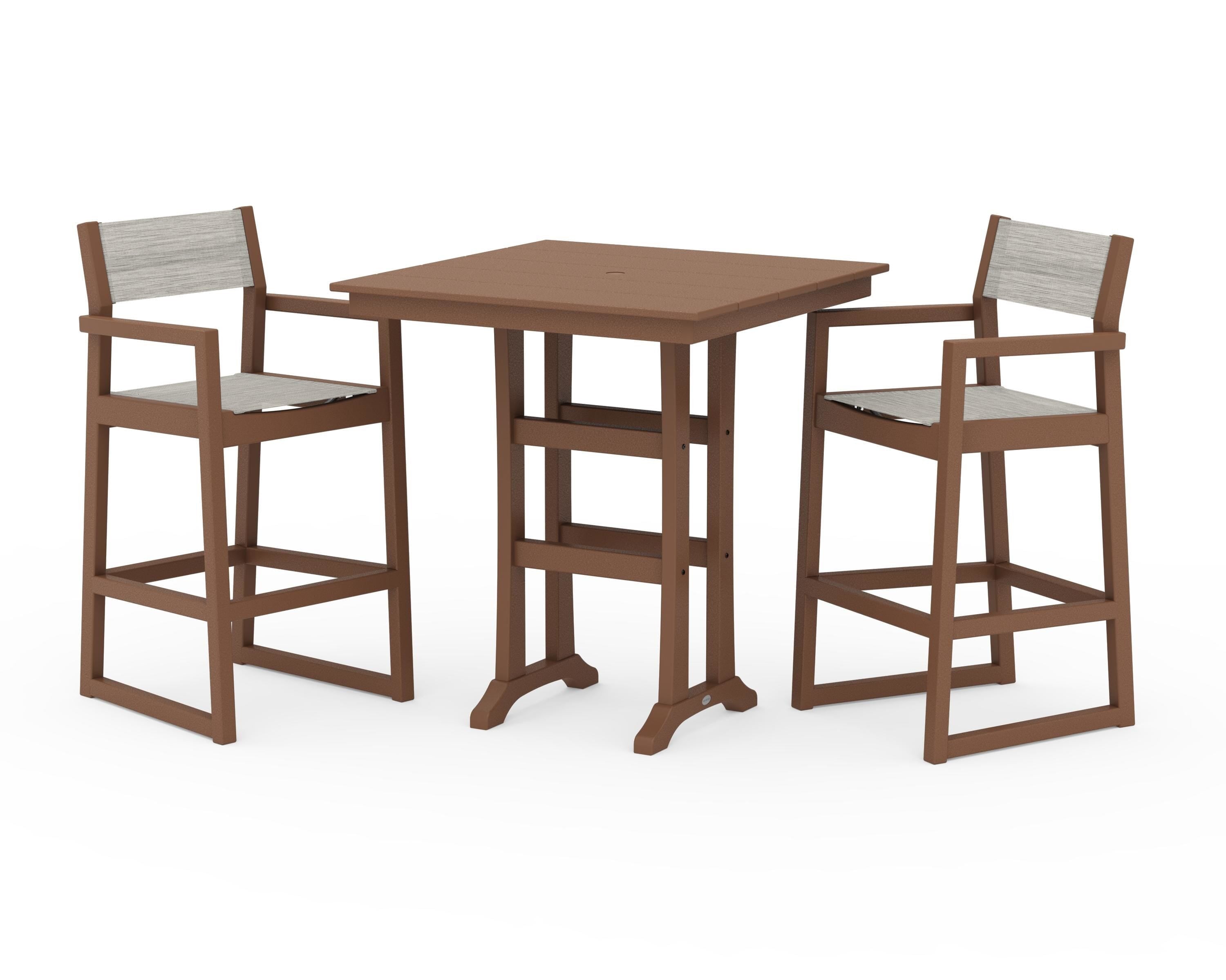 POLYWOOD EDGE Sling Arm Chair 3-Piece Farmhouse Bar Set with Trestle Legs in Teak / Birch Sling