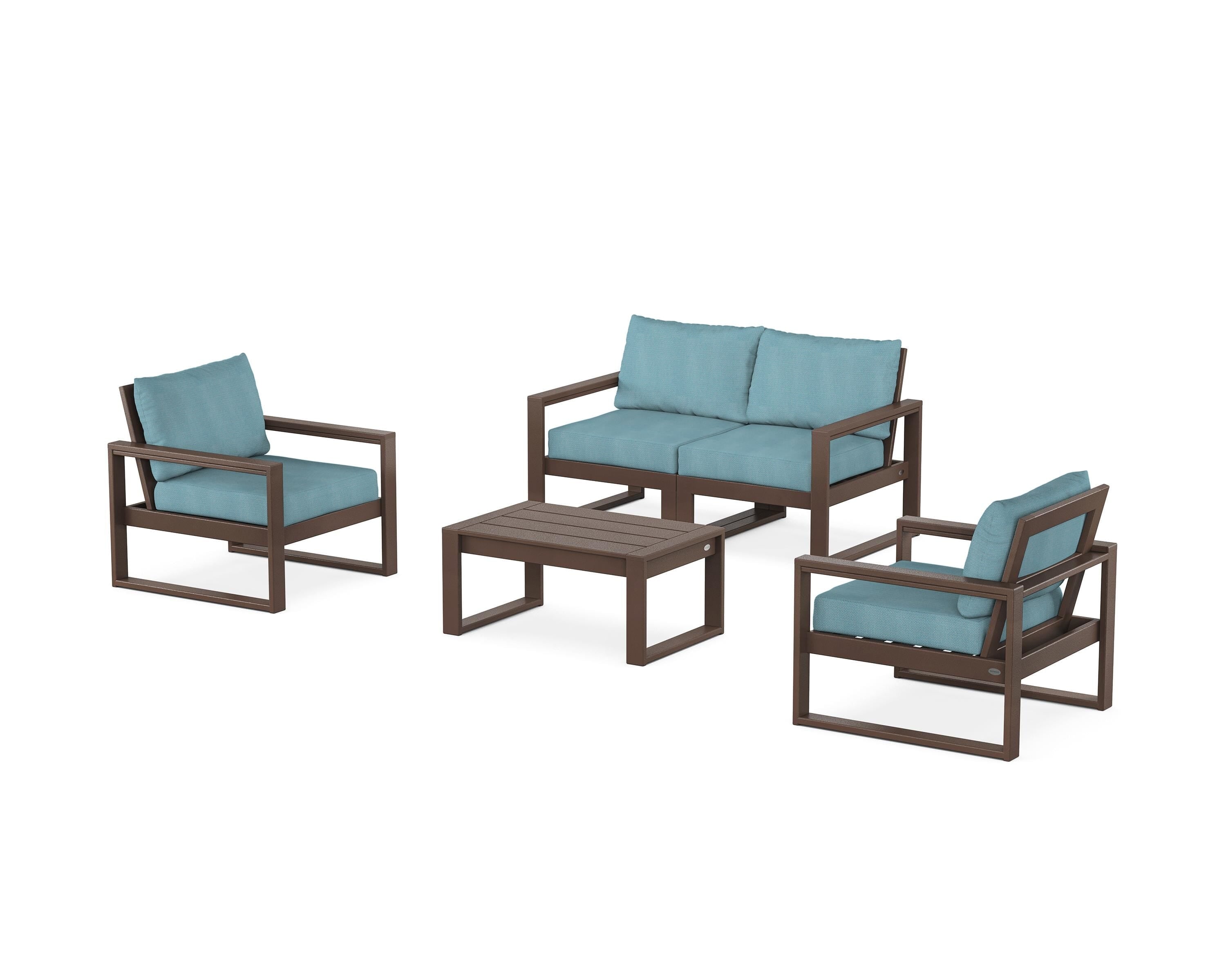 POLYWOOD EDGE Sectional 4-Piece Deep Seating Set with Loveseat in Mahogany / Lattice Sky Blue