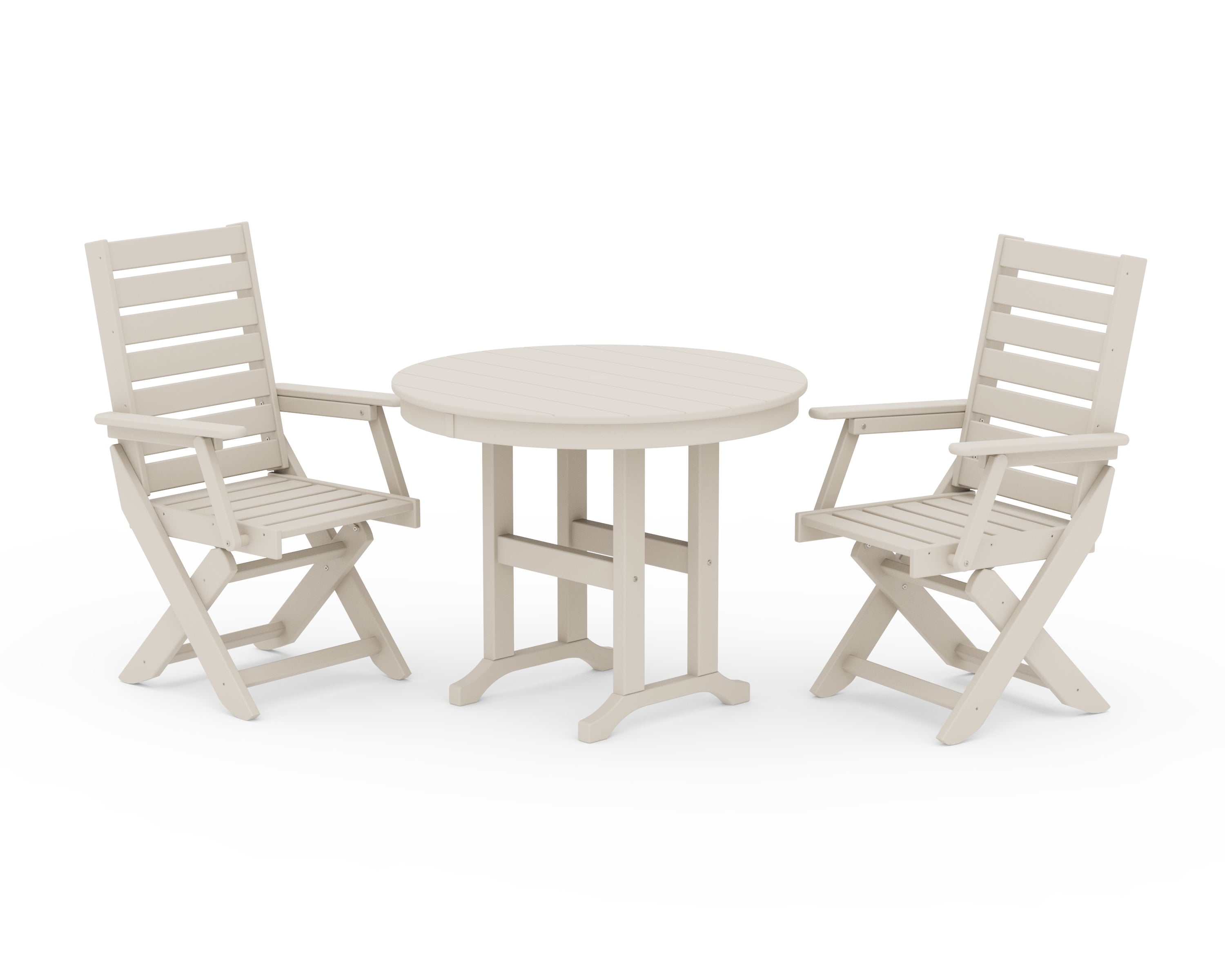 POLYWOOD Captain Folding Chair 3-Piece Round Dining Set in Sand