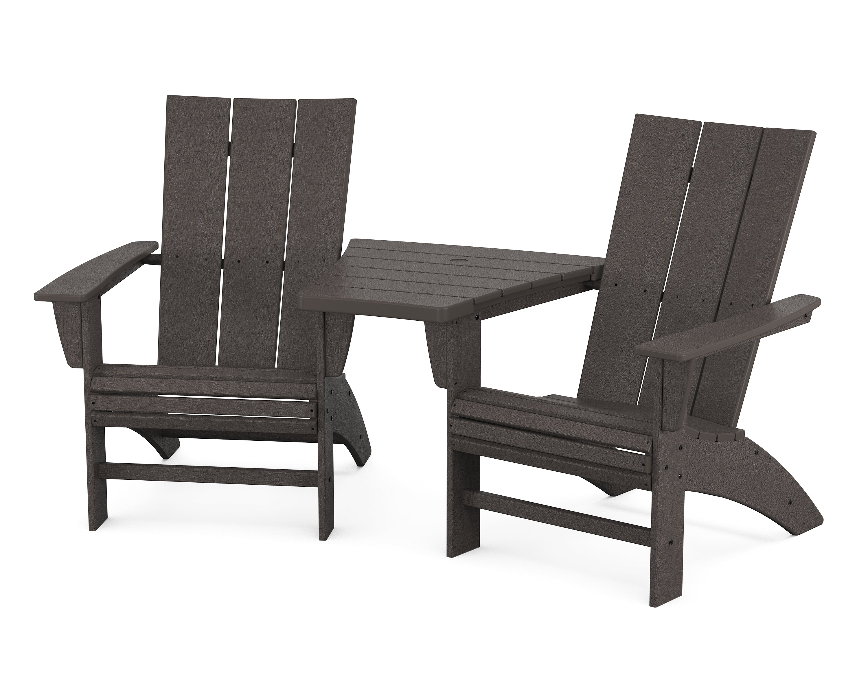 POLYWOOD® Modern 3-Piece Curveback Adirondack Set with Angled Connecting Table in Vintage Coffee
