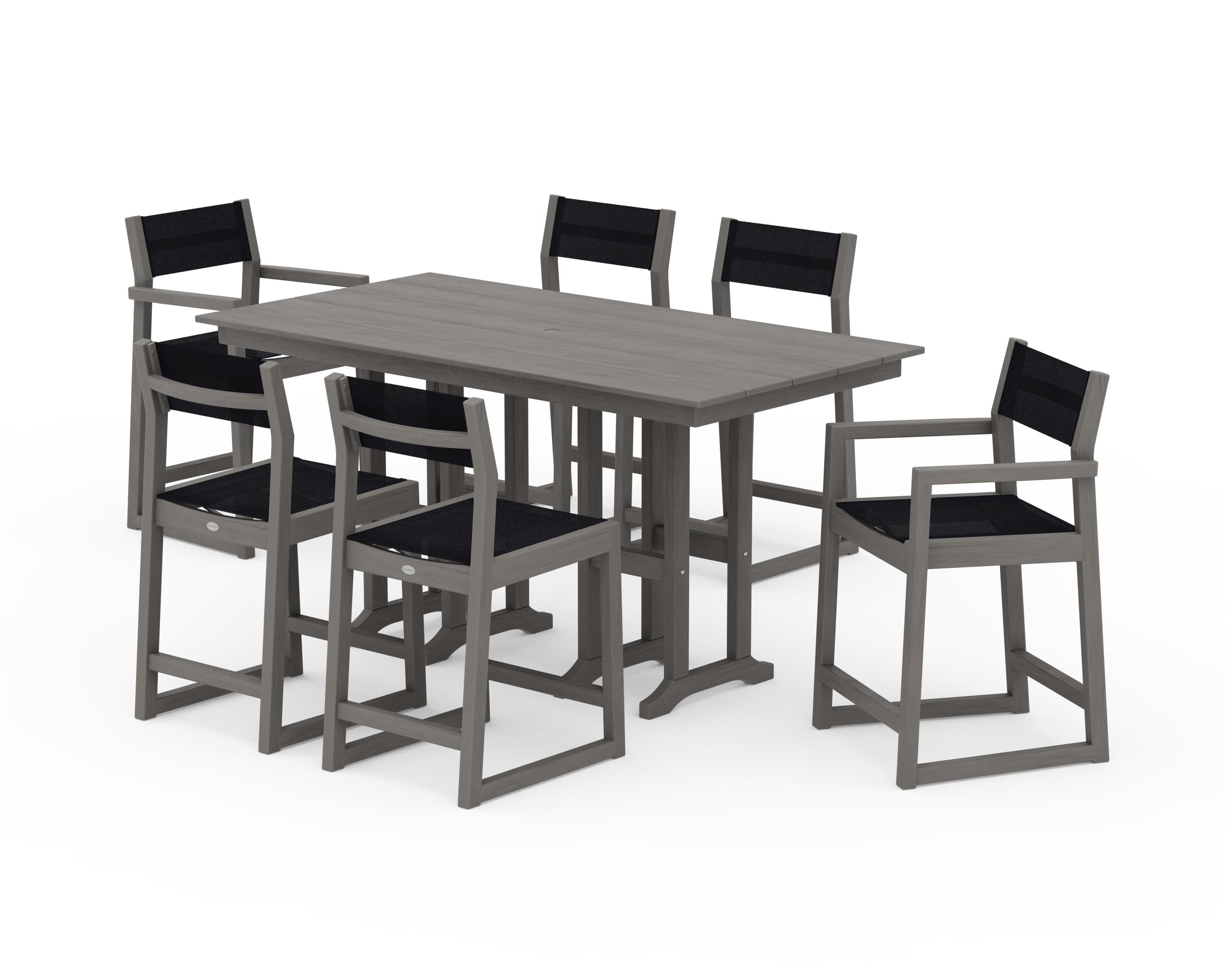 POLYWOOD EDGE Sling 7-Piece Farmhouse Counter Set in Driftwood / Black Sling