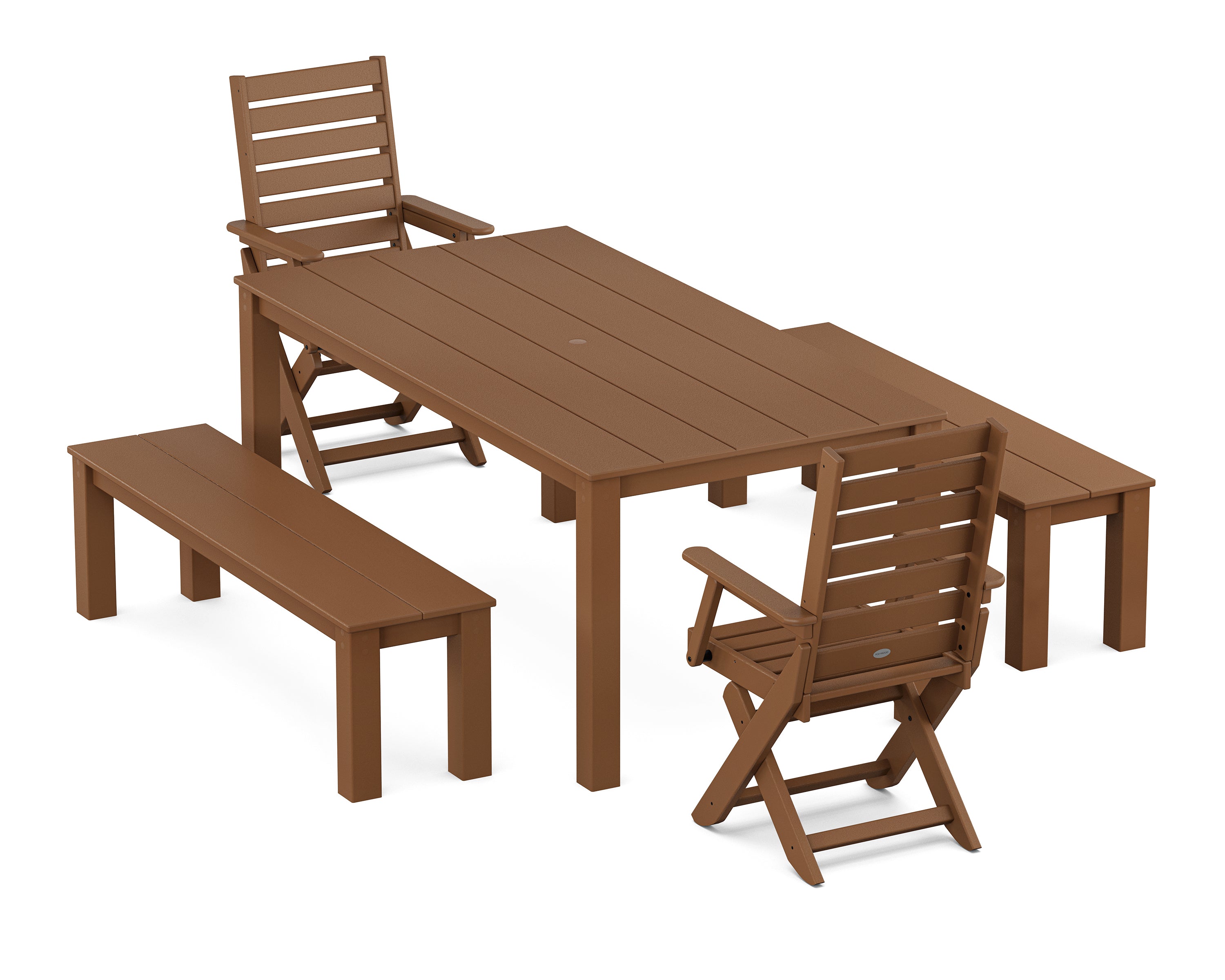 POLYWOOD Captain Folding Chair 5-Piece Parsons Dining Set with Benches in Teak