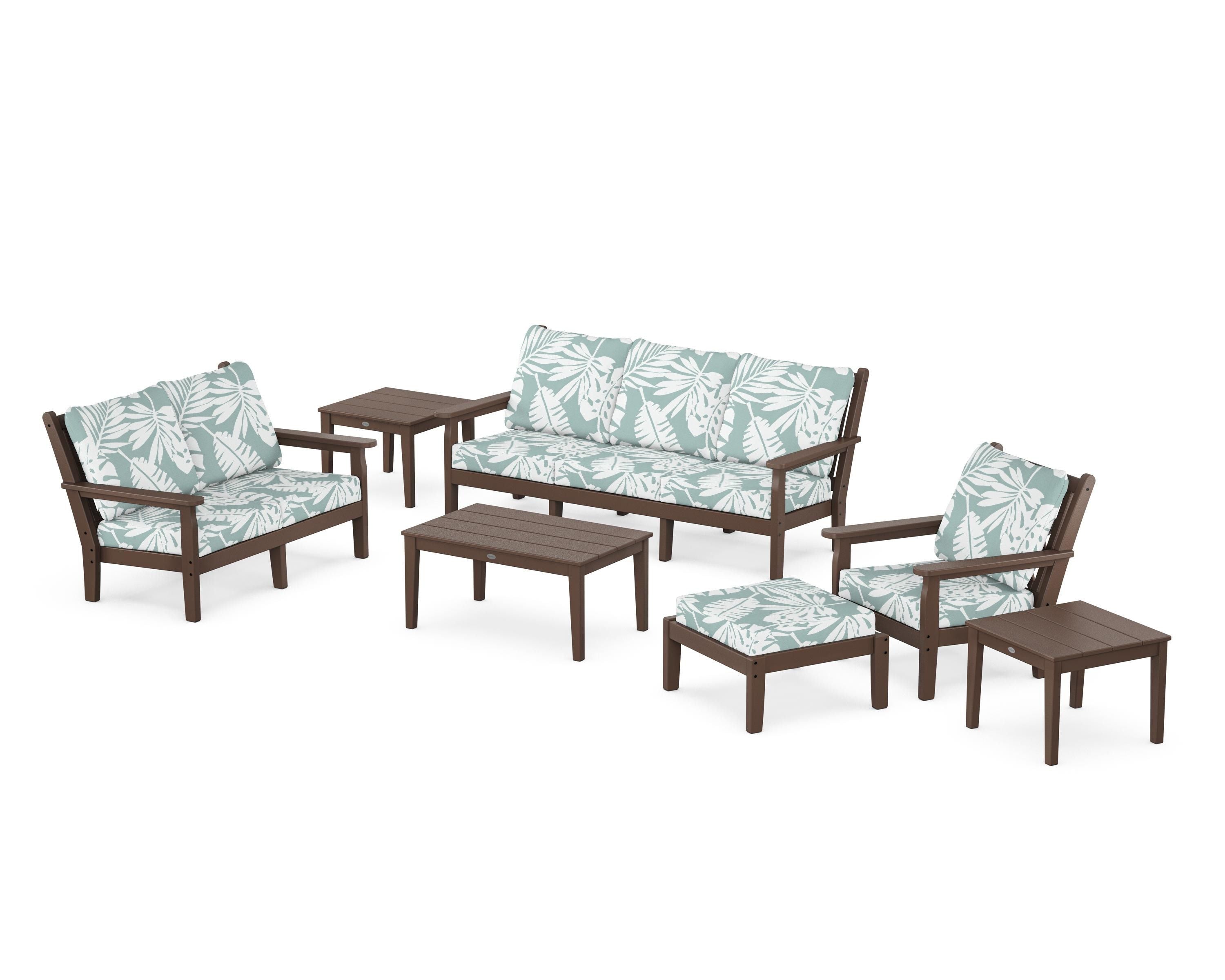 POLYWOOD Chippendale 7-Piece Deep Seating Set in Mahogany / Leaf Glacier Spa