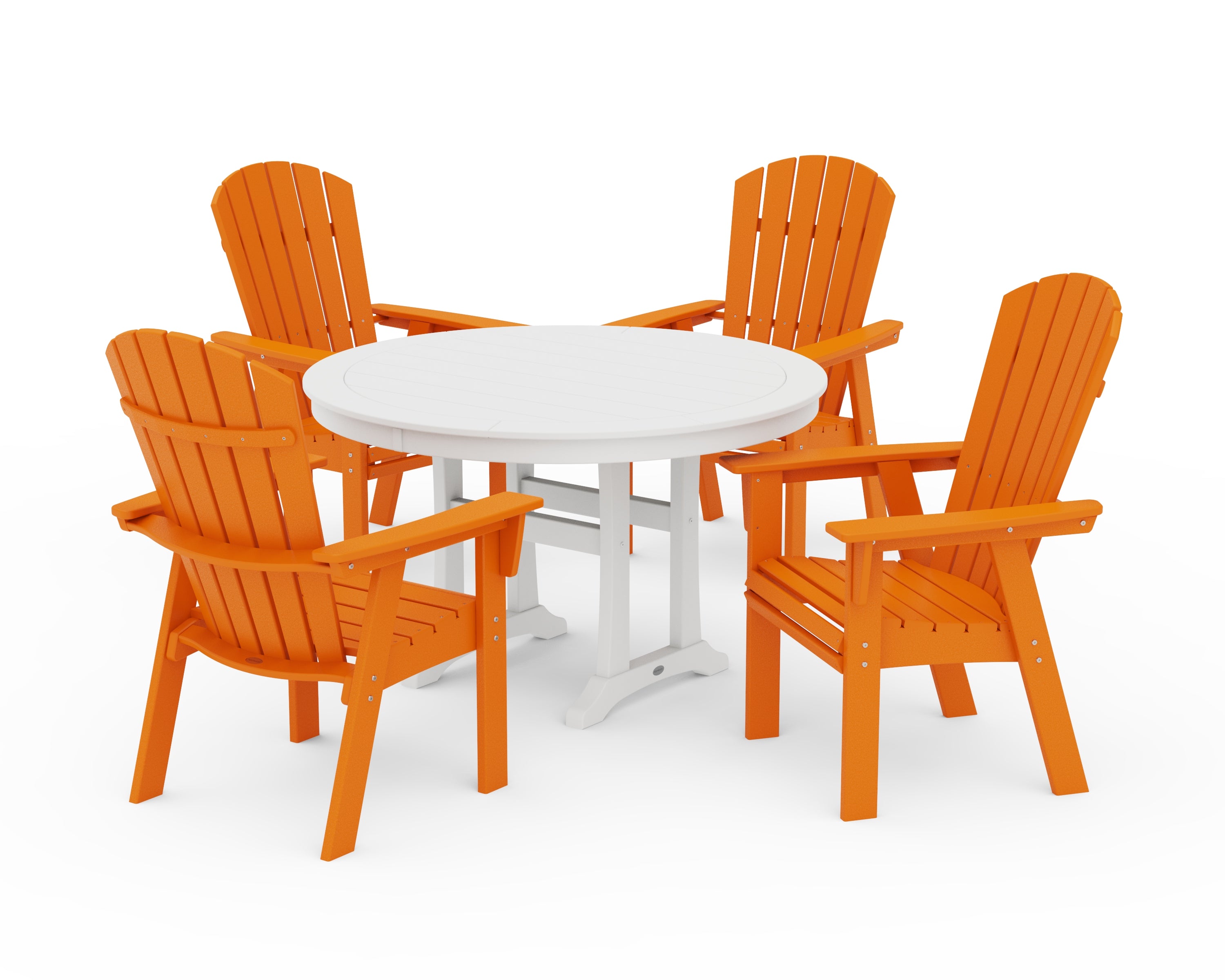 POLYWOOD Nautical Curveback Adirondack 5-Piece Round Dining Set with Trestle Legs in Tangerine / White