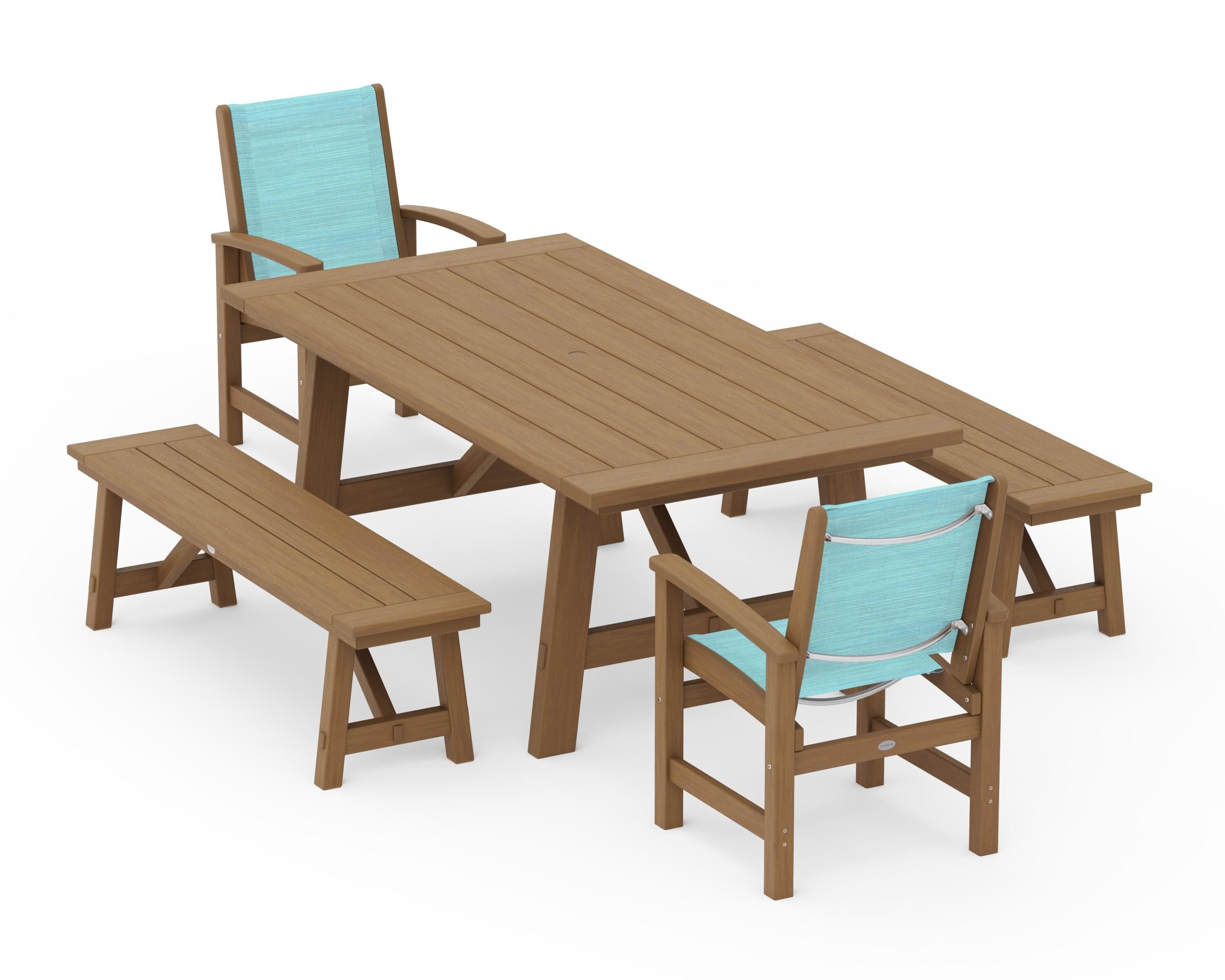 POLYWOOD Coastal 5-Piece Rustic Farmhouse Dining Set With Benches in Natural / Dupioni Aquamarine Sling