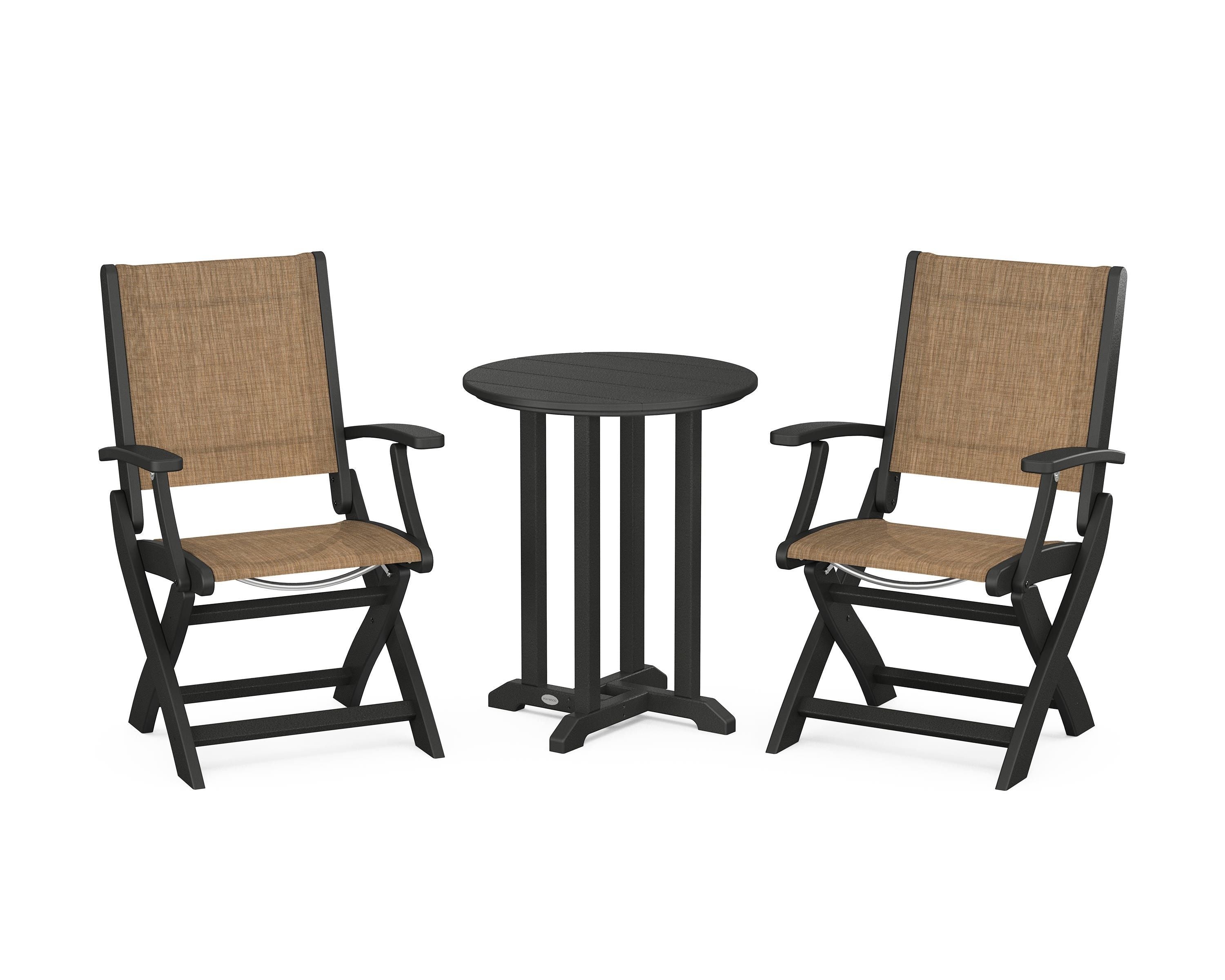 POLYWOOD Coastal Folding 3-Piece Round Bistro Dining Set in Black / Burlap Sling