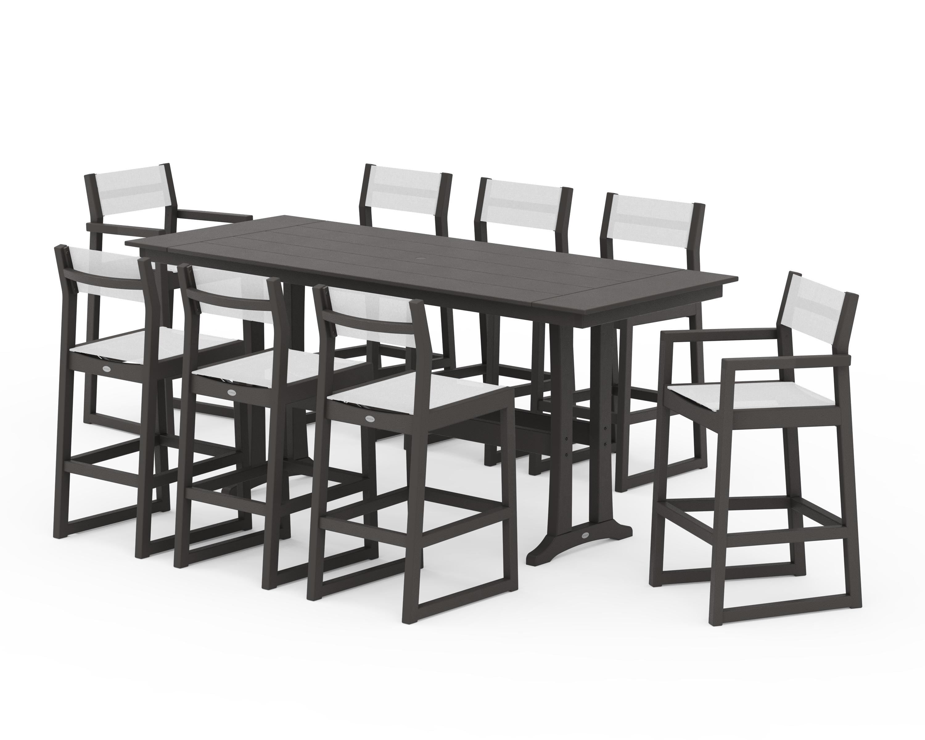 POLYWOOD EDGE Sling 9-Piece Farmhouse Bar Set with Trestle Legs in Vintage Coffee / White Sling