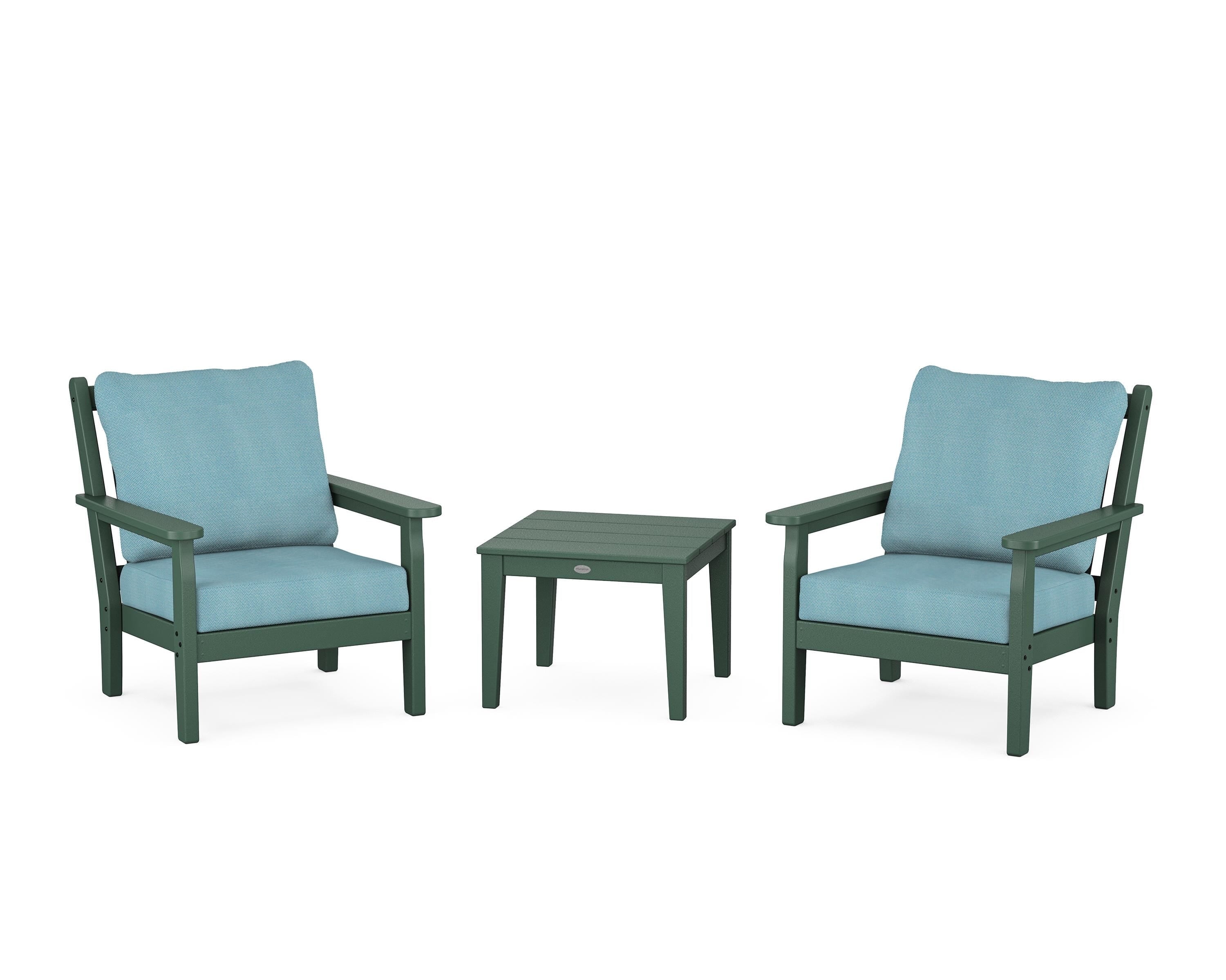 POLYWOOD Chippendale 3-Piece Deep Seating Set in Green / Lattice Sky Blue