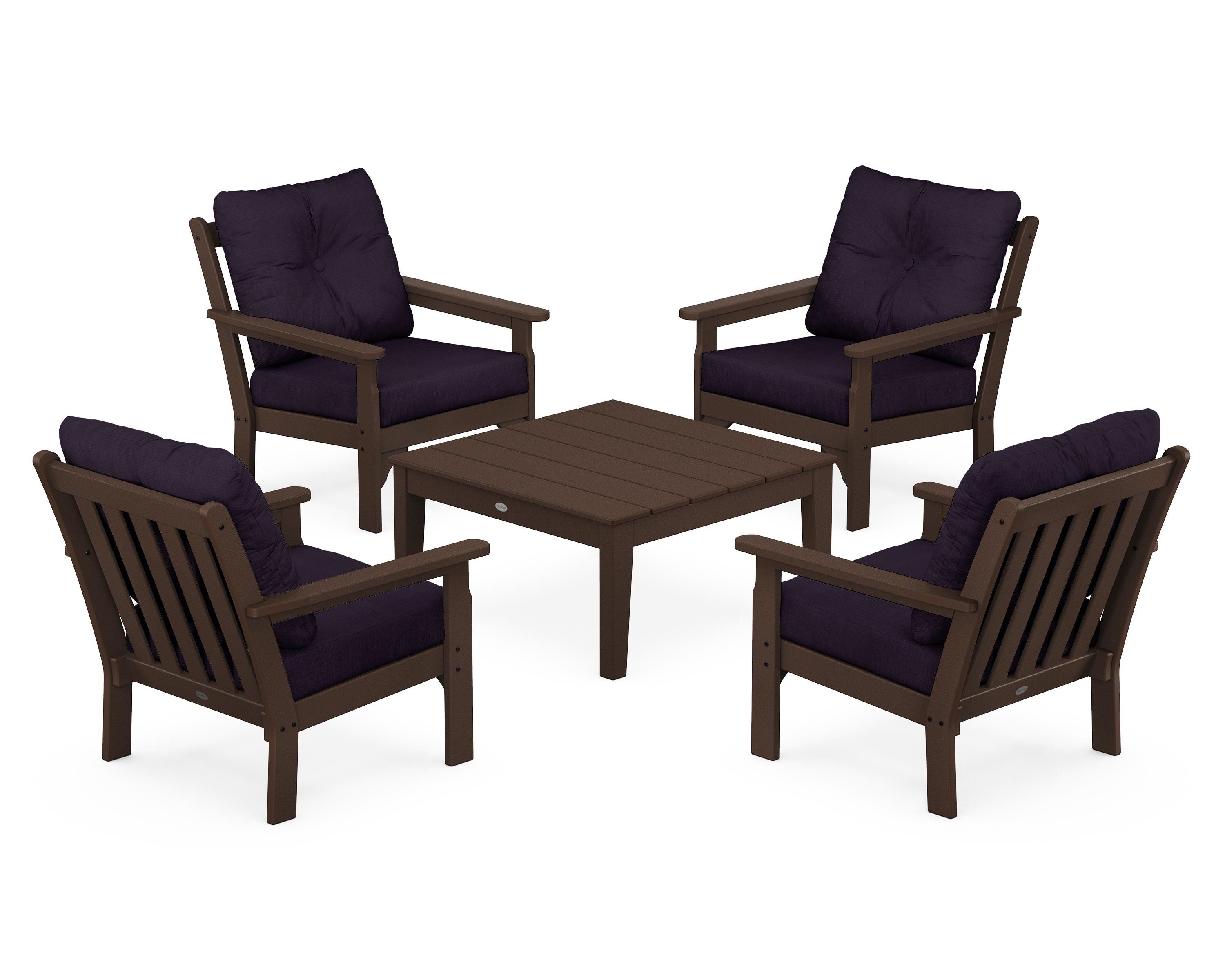POLYWOOD Vineyard 5-Piece Deep Seating Conversation Set in Mahogany / Navy Linen