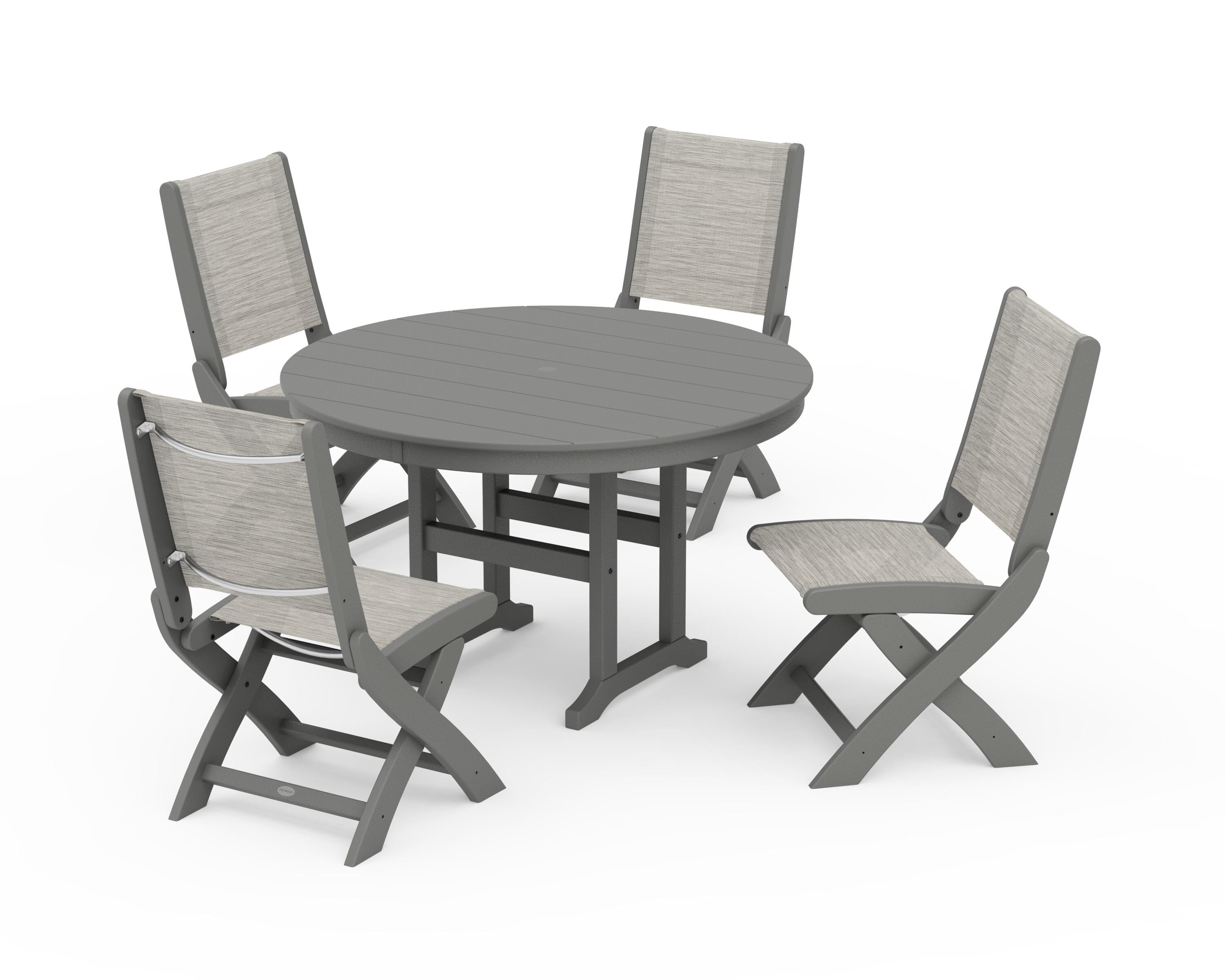 POLYWOOD Coastal Folding Side Chair 5-Piece Round Dining Set in Slate Grey / Birch Sling