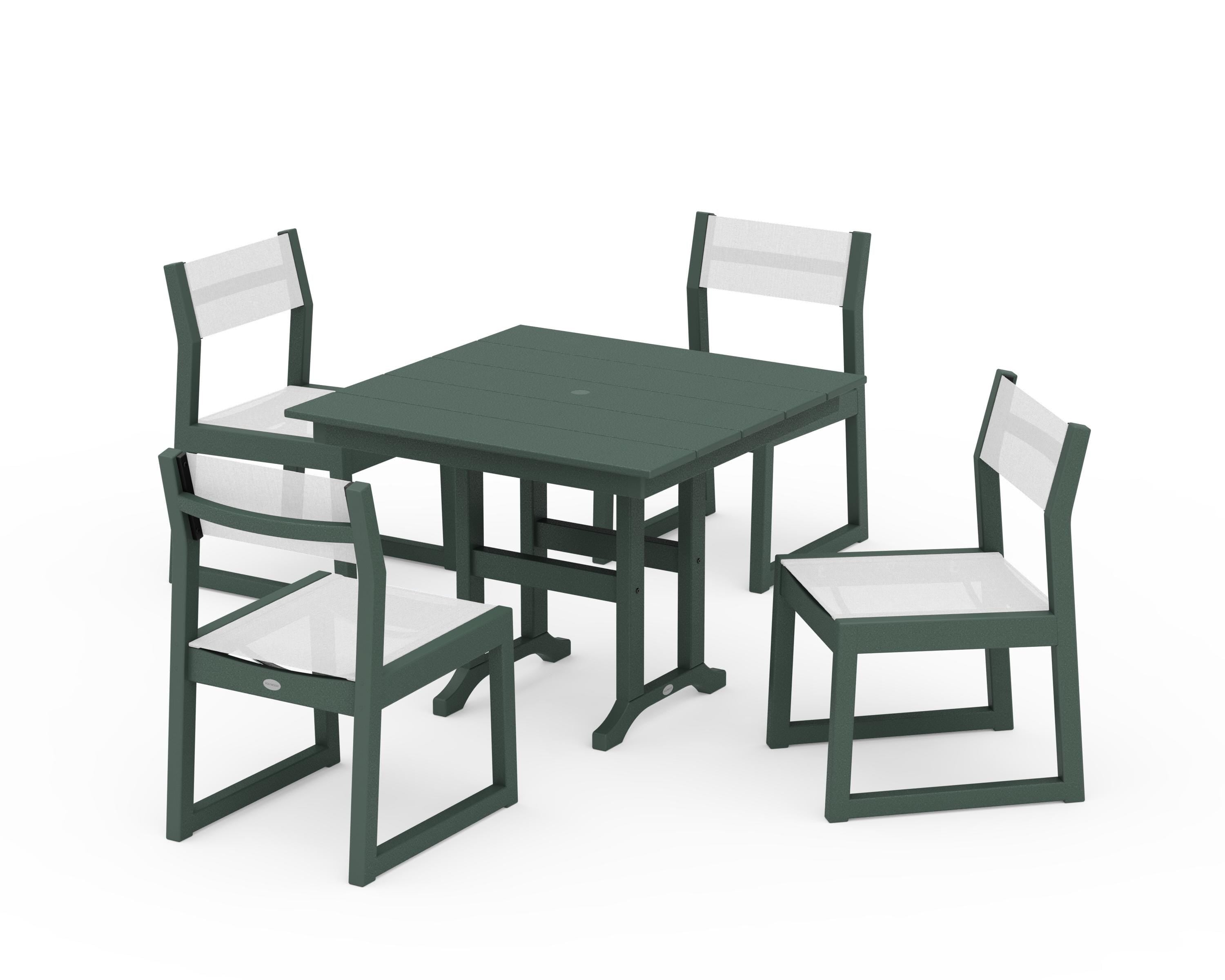 POLYWOOD EDGE Sling Side Chair 5-Piece Farmhouse Dining Set in Green / White Sling