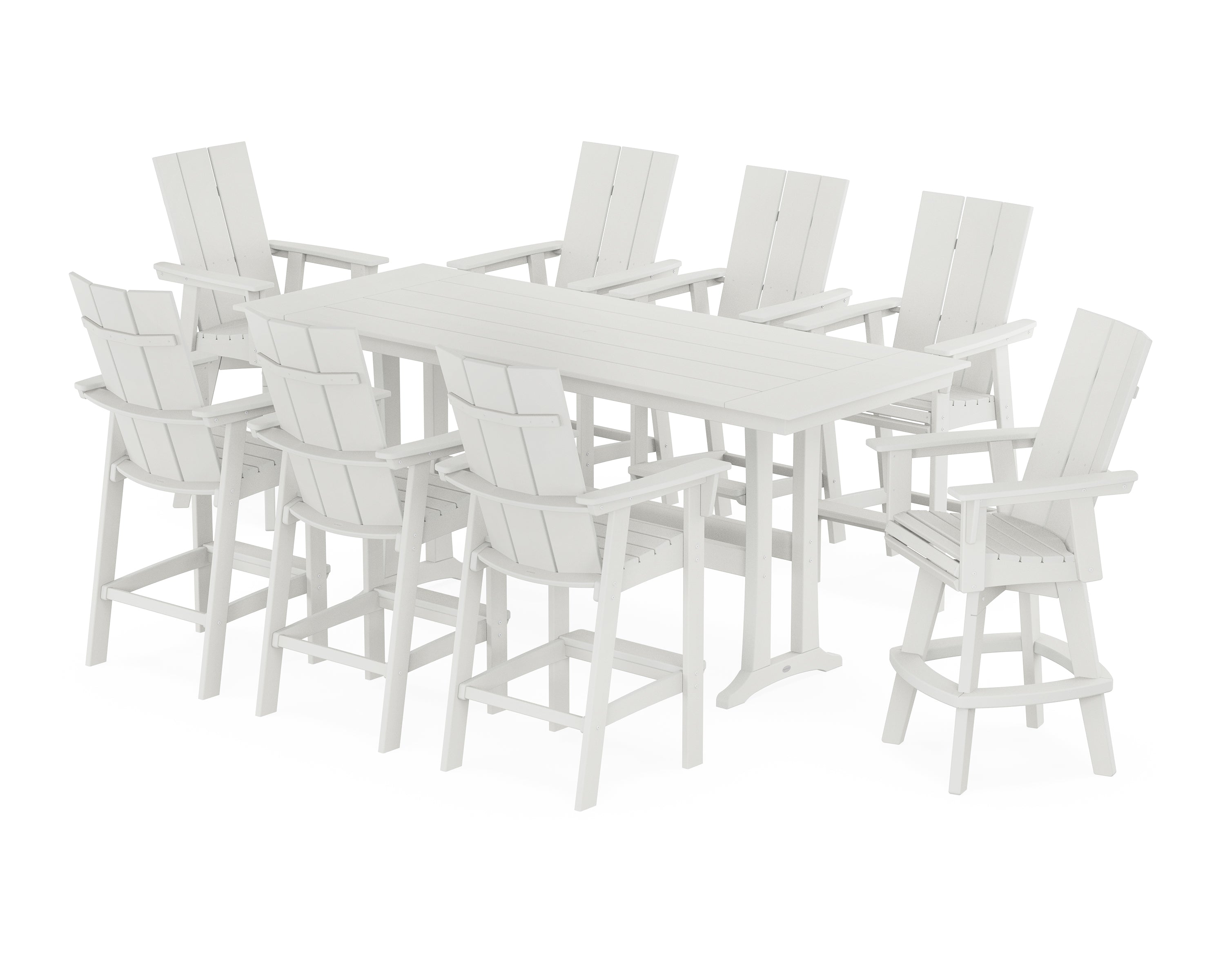 POLYWOOD® Modern Curveback Adirondack Swivel 9-Piece Farmhouse Bar Set with Trestle Legs in Vintage White