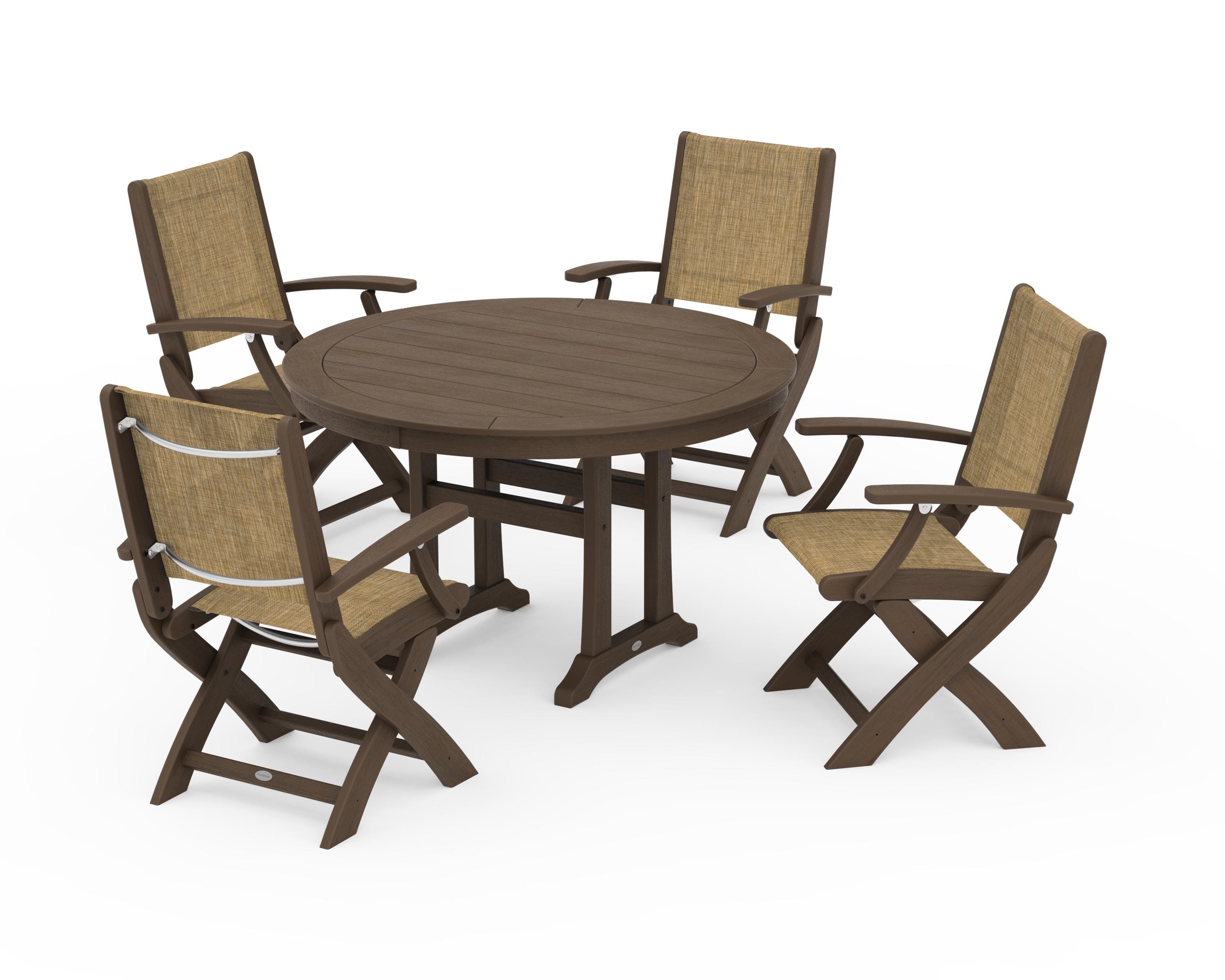 POLYWOOD Coastal Folding Chair 5-Piece Round Dining Set with Trestle Legs in Kona / Burlap Sling