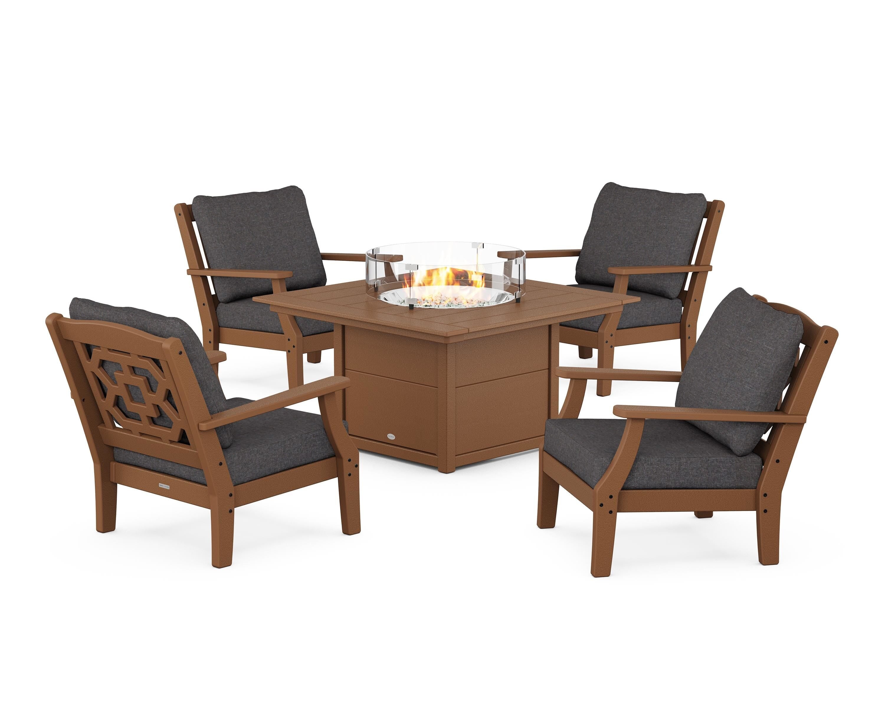 Martha Stewart by POLYWOOD Chinoiserie 5-Piece Deep Seating Set with Fire Pit Table in Teak / Ash Charcoal