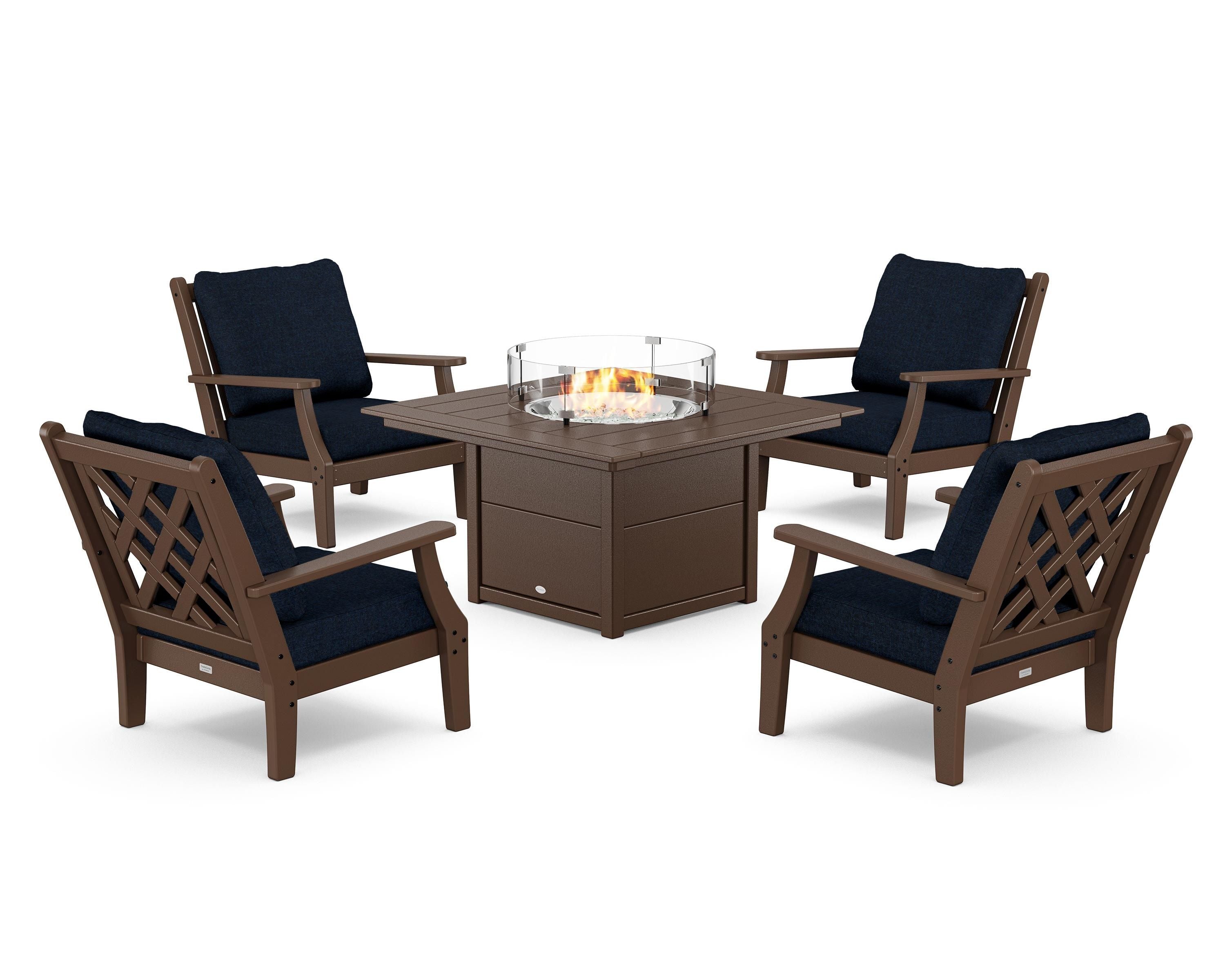 Country Living Wovendale 5-Piece Deep Seating Set with Fire Pit Table in Mahogany / Marine Indigo
