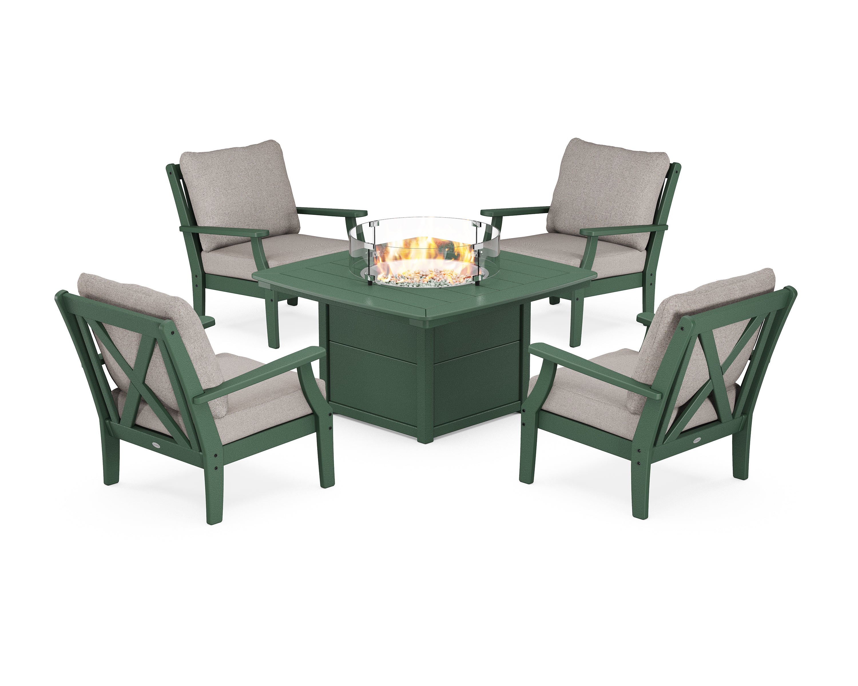 POLYWOOD Braxton 5-Piece Deep Seating Conversation Set with Fire Pit Table in Green / Weathered Tweed