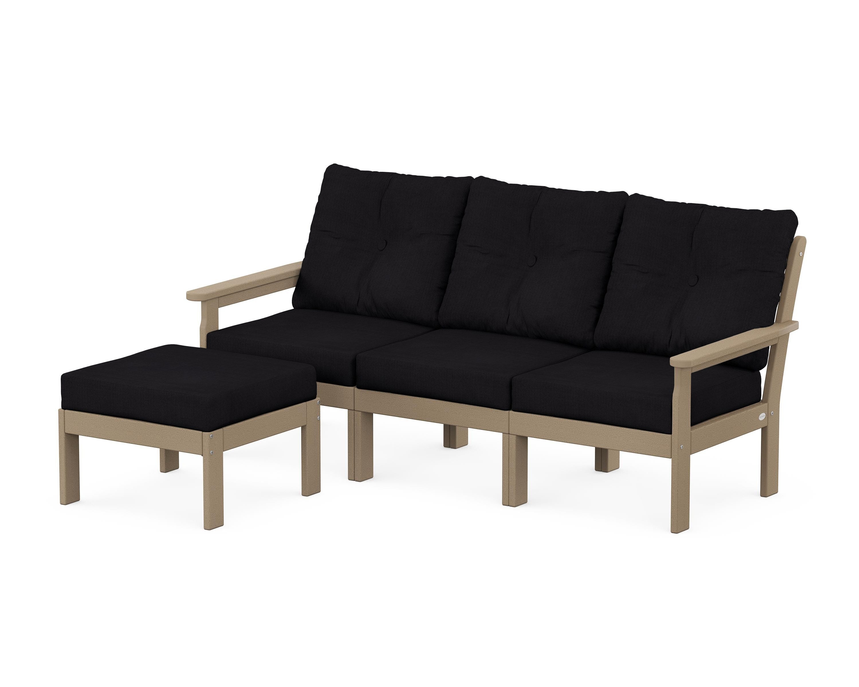 POLYWOOD Vineyard 4-Piece Sectional with Ottoman in Vintage Sahara / Midnight Linen