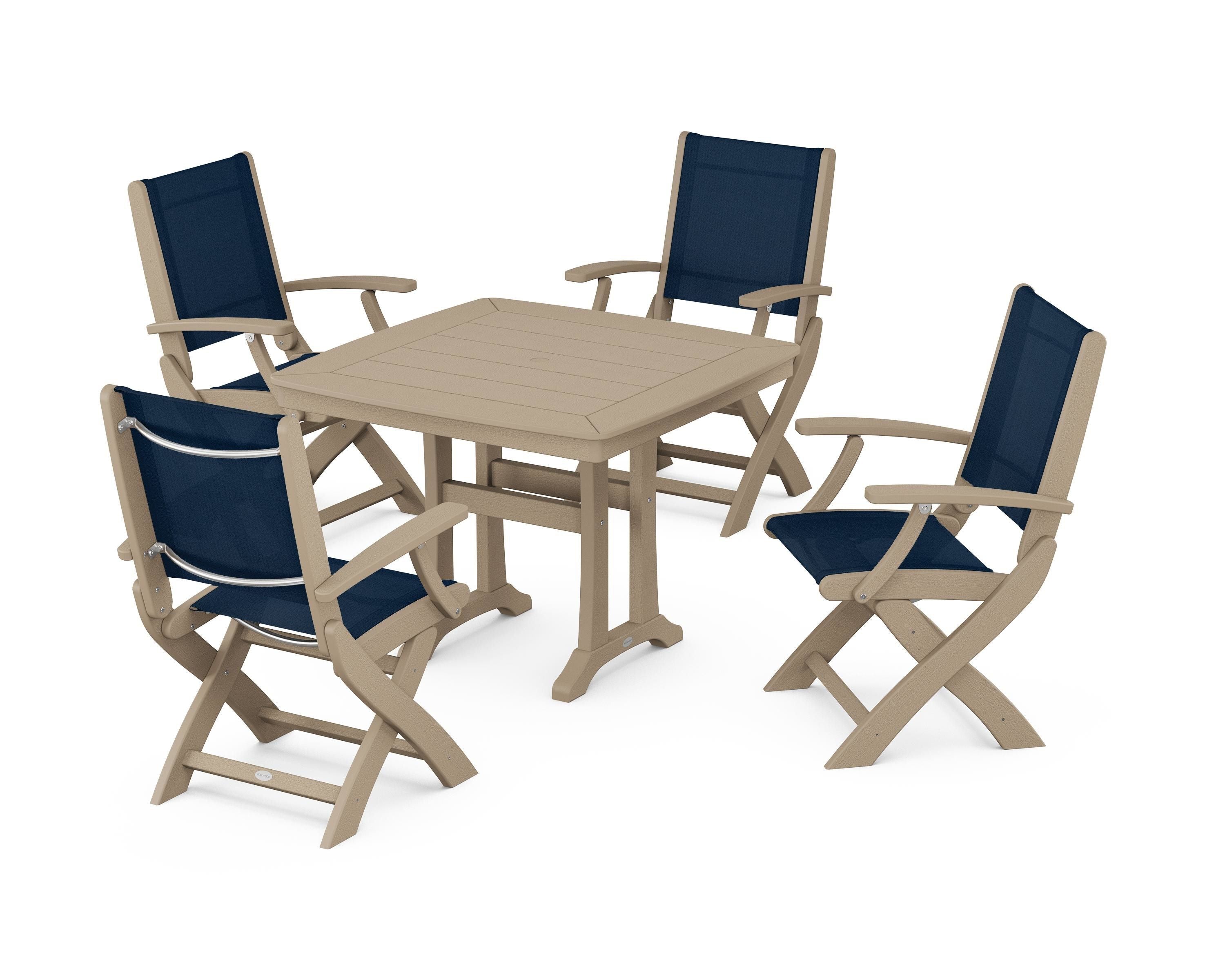 POLYWOOD Coastal Folding Chair 5-Piece Dining Set with Trestle Legs in Vintage Sahara / Navy Blue Sling