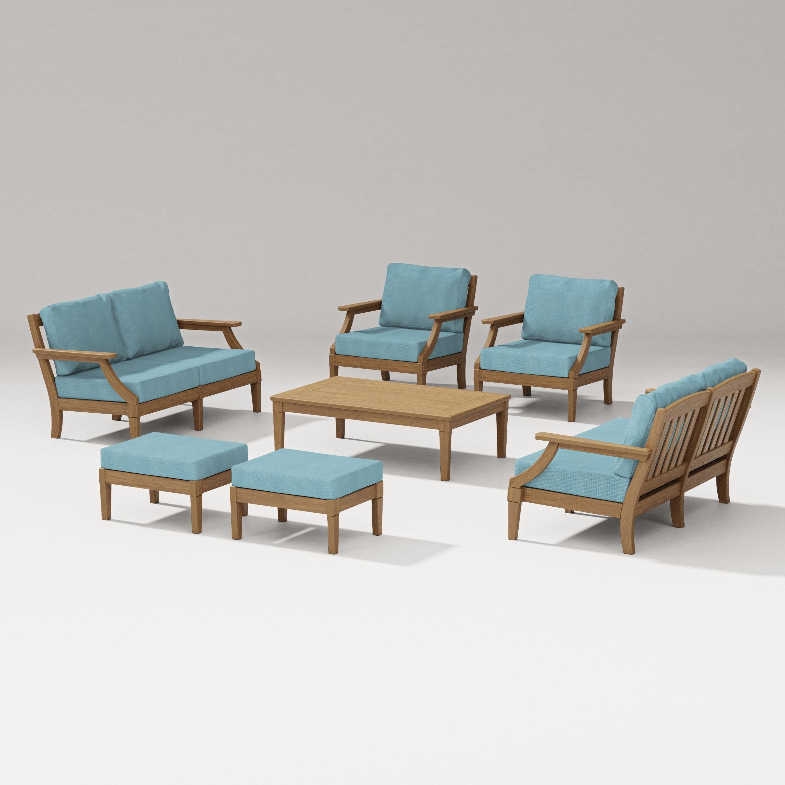 PW Designer Series Estate 7-Piece Lounge Loveseat Set in Natural / Lattice Sky Blue