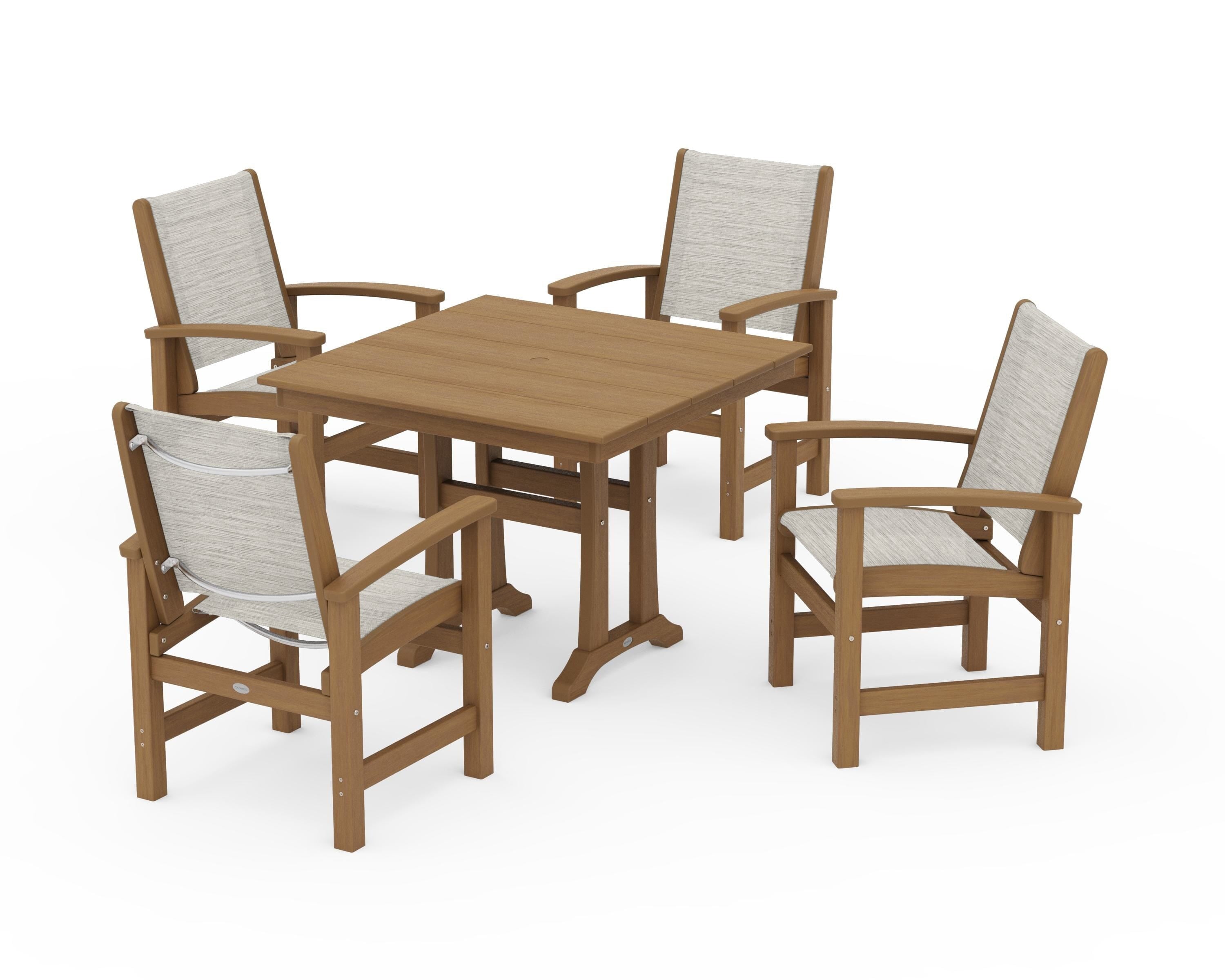POLYWOOD Coastal 5-Piece Farmhouse Dining Set With Trestle Legs in Natural / Birch Sling