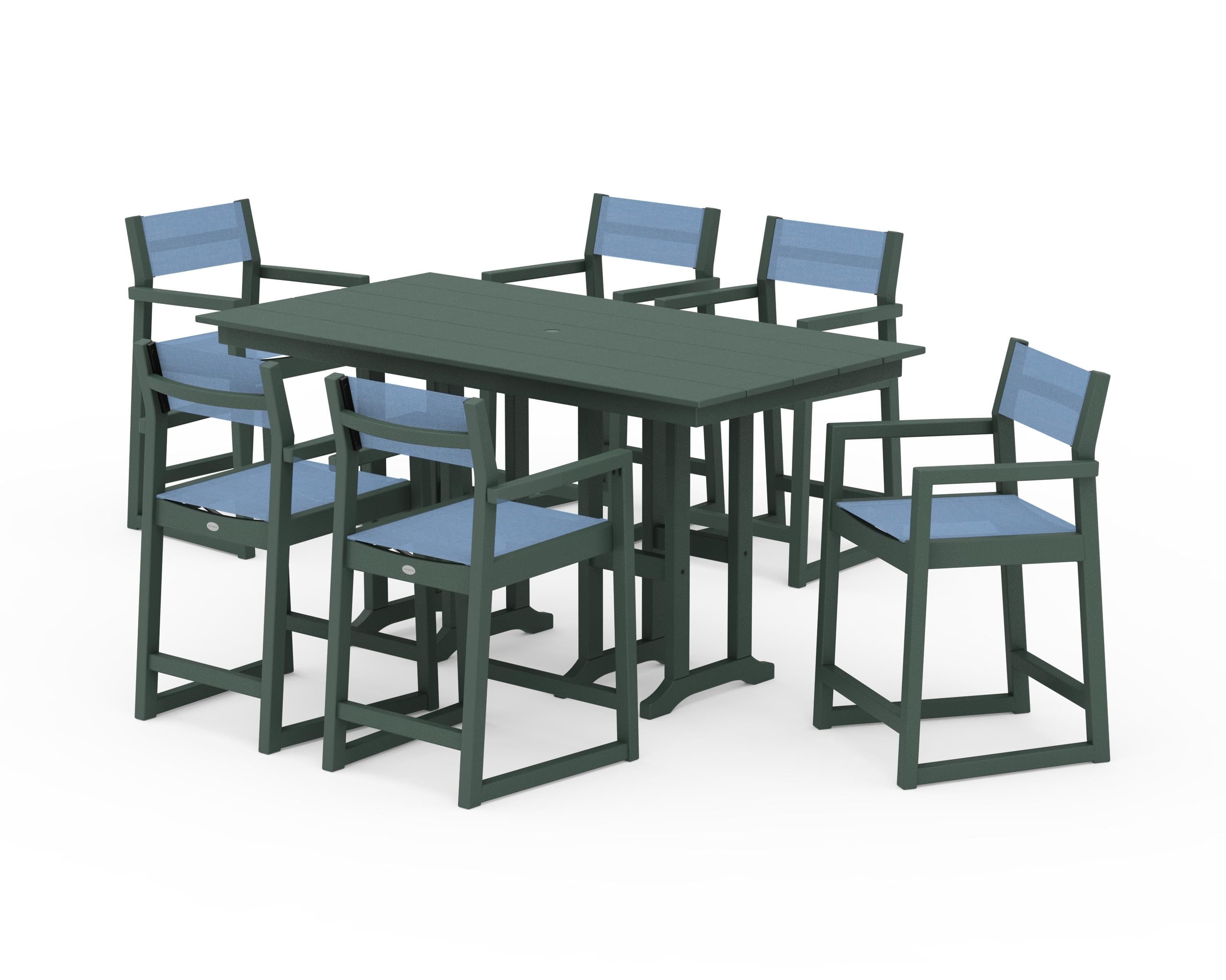POLYWOOD EDGE Sling Arm Chair 7-Piece Farmhouse Counter Set in Green / Poolside Sling