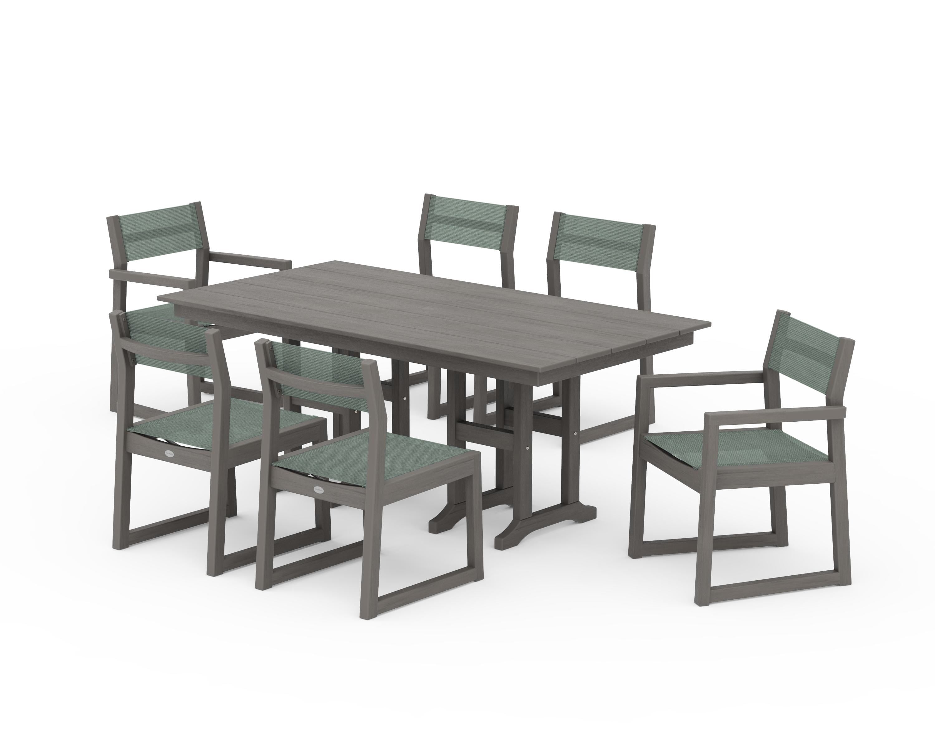 POLYWOOD EDGE Sling 7-Piece Farmhouse Dining Set in Driftwood / Dupioni Sea Mist Sling