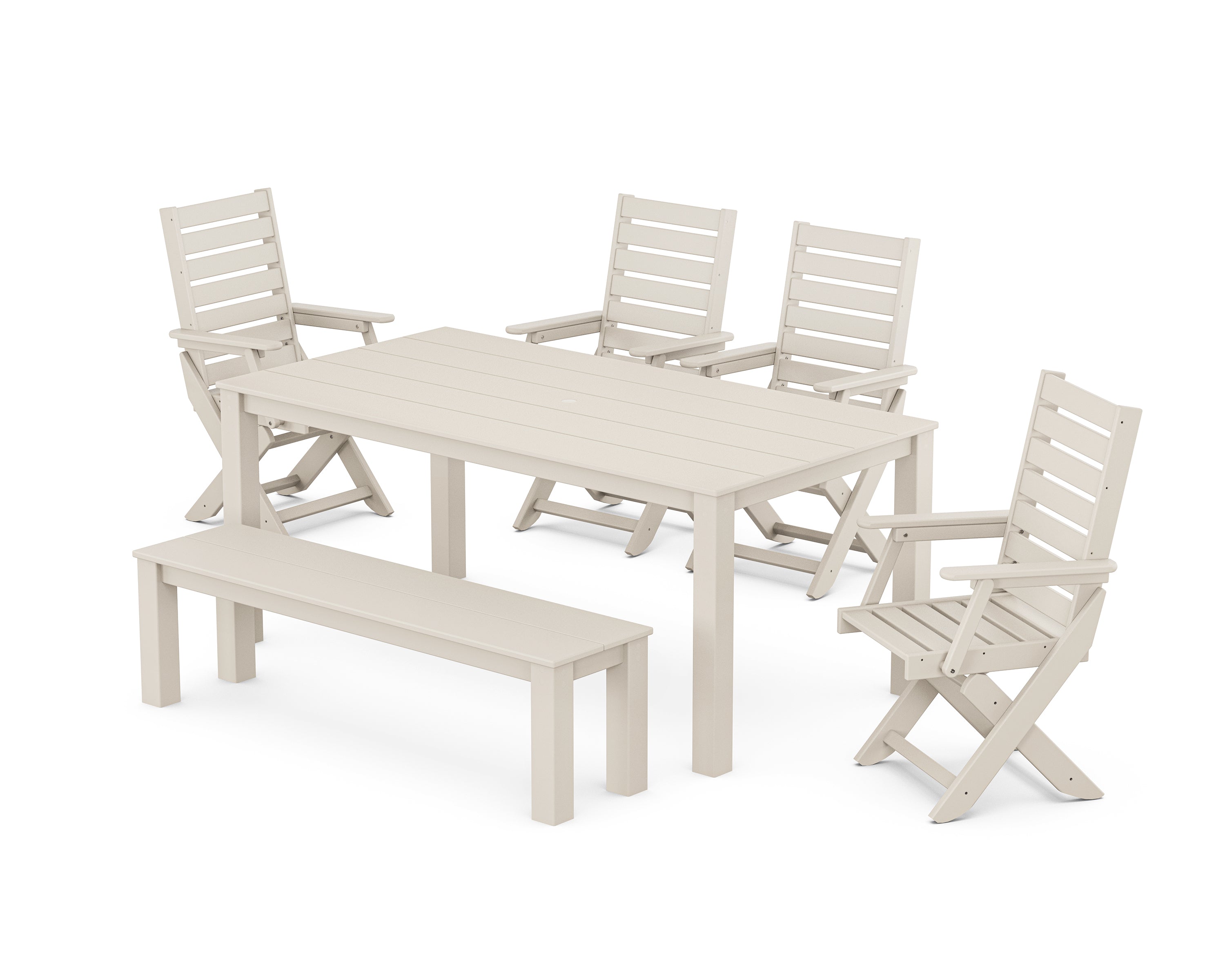 POLYWOOD Captain Folding Chair 6-Piece Parsons Dining Set with Bench in Sand