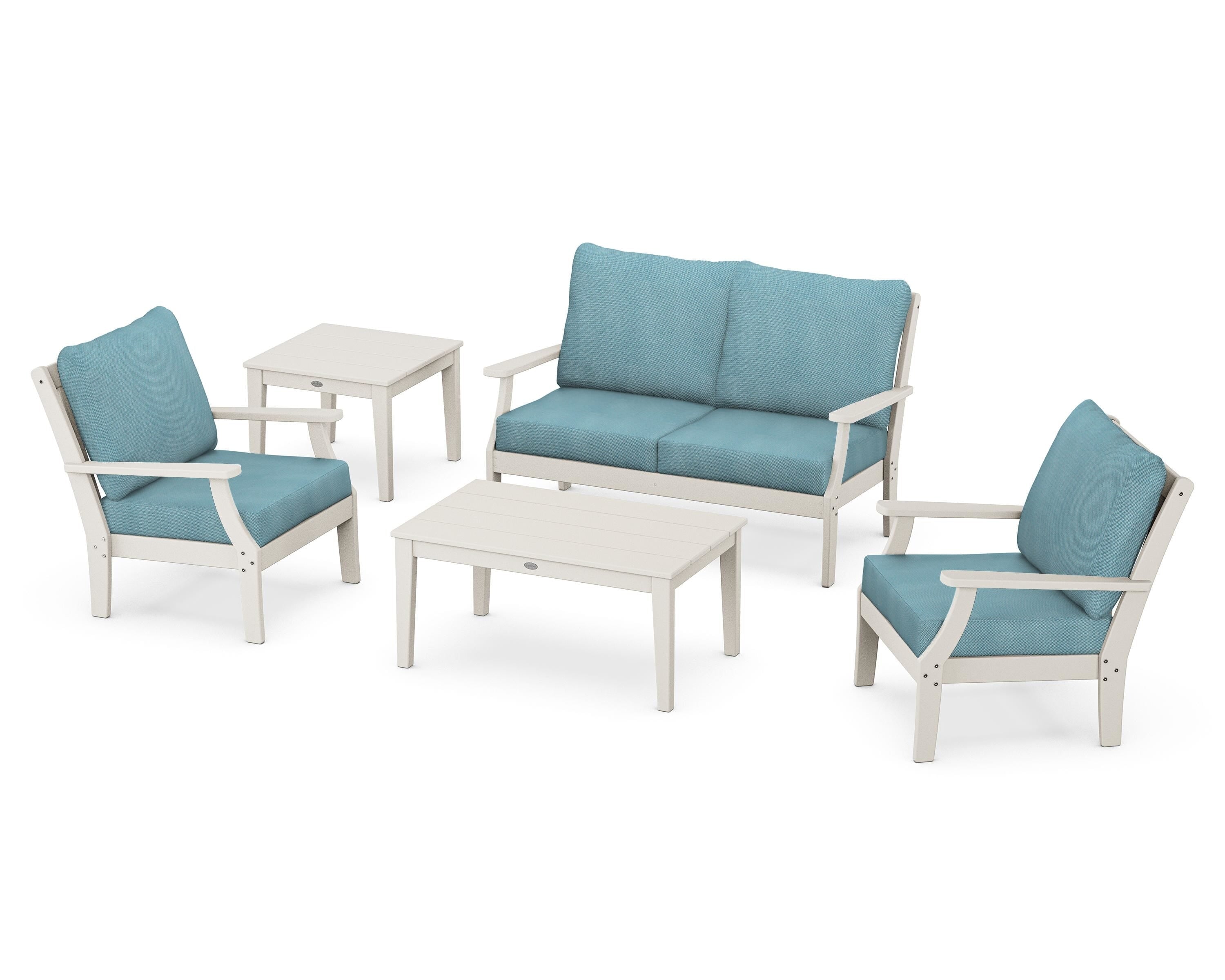 POLYWOOD Braxton 5-Piece Deep Seating Set in Sand / Lattice Sky Blue