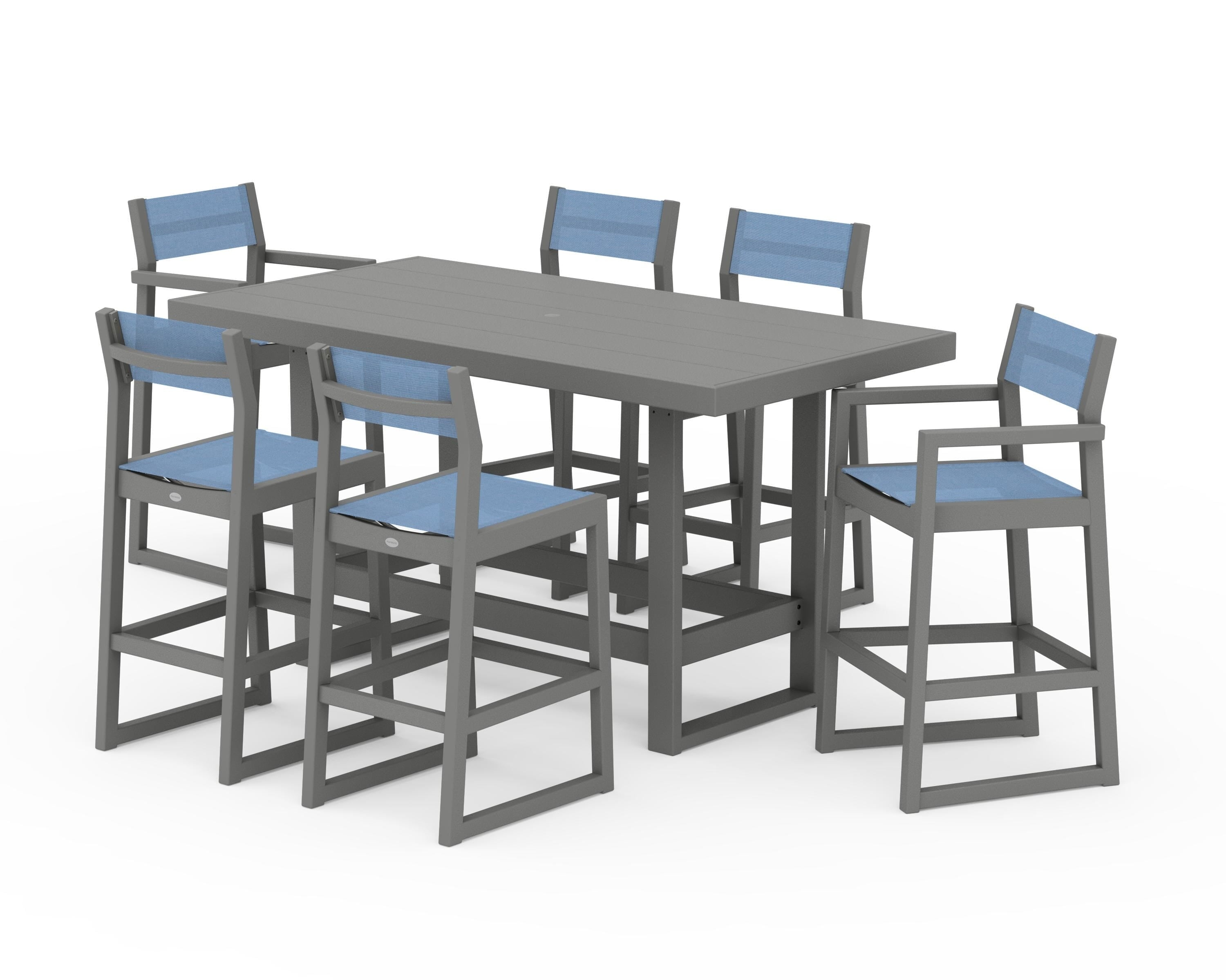 POLYWOOD EDGE Sling 7-Piece Bar Table Set in Slate Grey / Poolside Sling