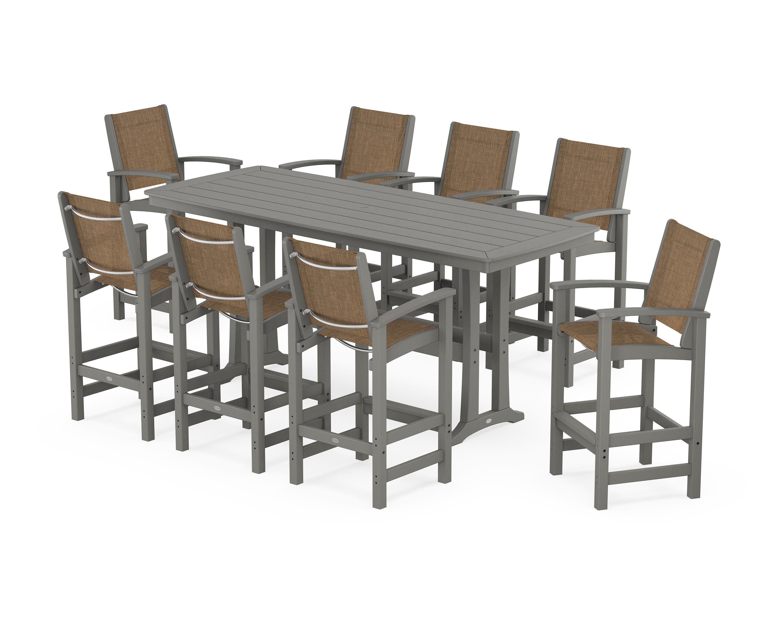 POLYWOOD Coastal 9-Piece Bar Set with Trestle Legs in Slate Grey / Burlap Sling