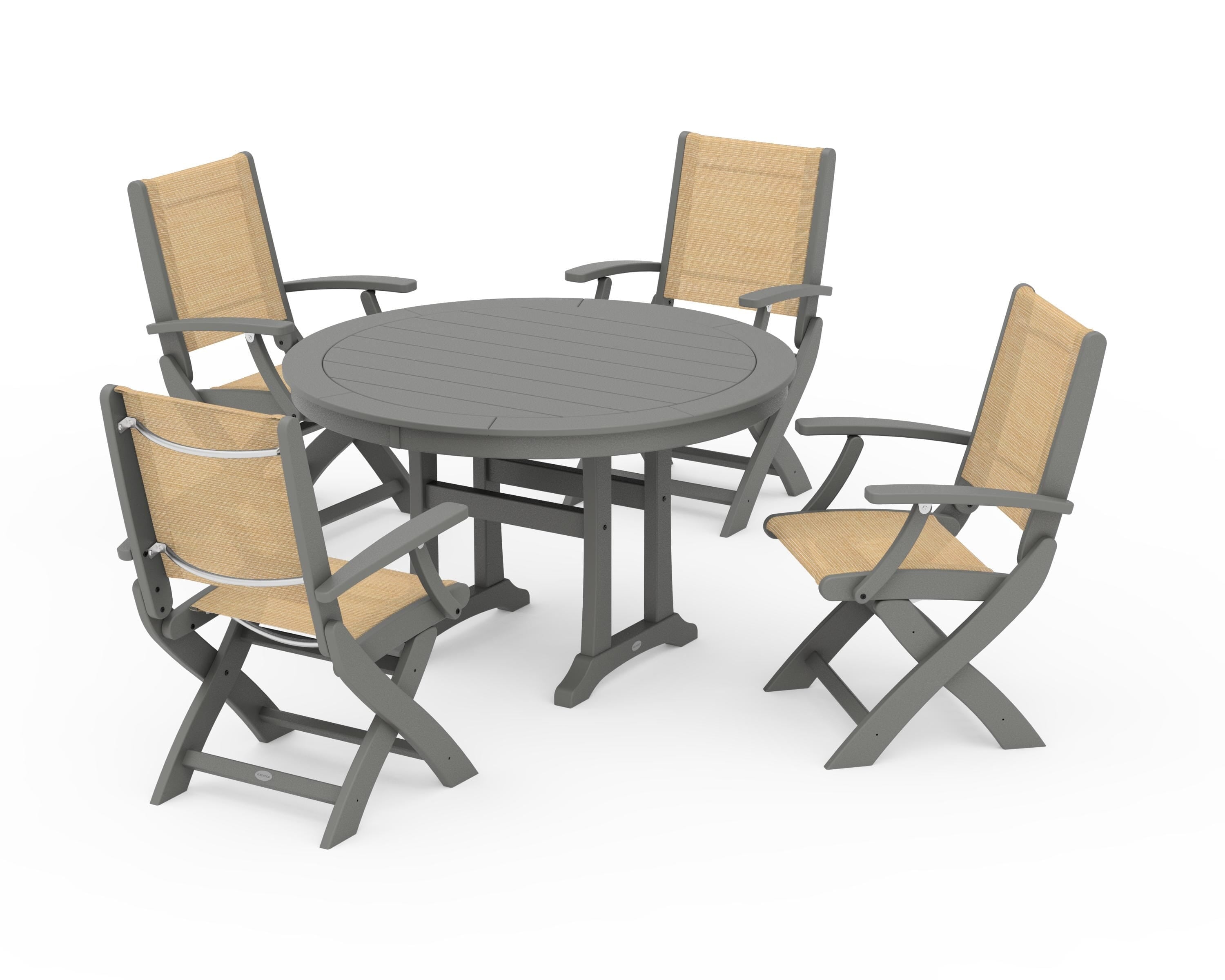 POLYWOOD Coastal Folding Chair 5-Piece Round Dining Set with Trestle Legs in Slate Grey / Dupioni Apricot Sling