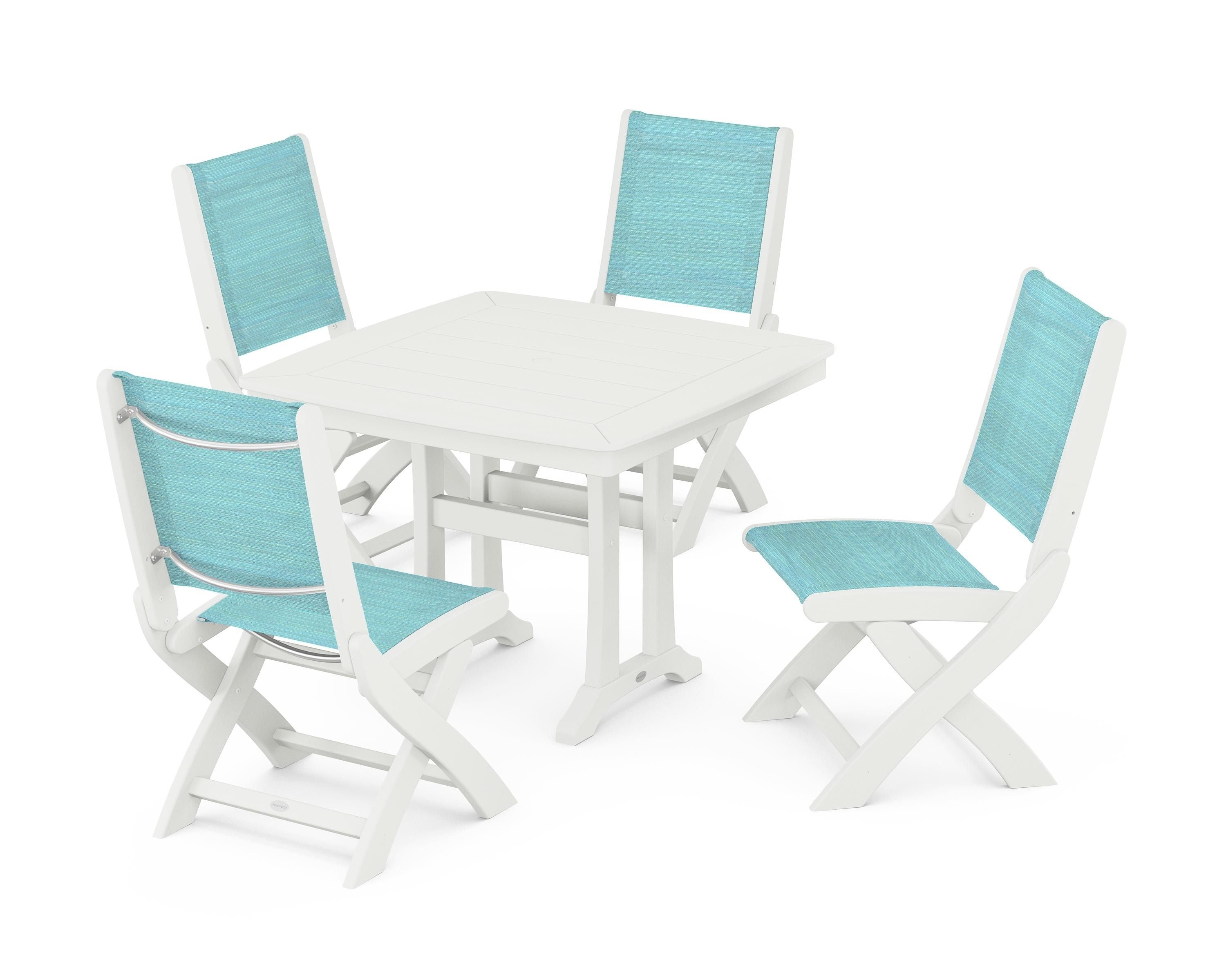 POLYWOOD Coastal Folding Side Chair 5-Piece Dining Set with Trestle Legs in Vintage White / Dupioni Aquamarine Sling