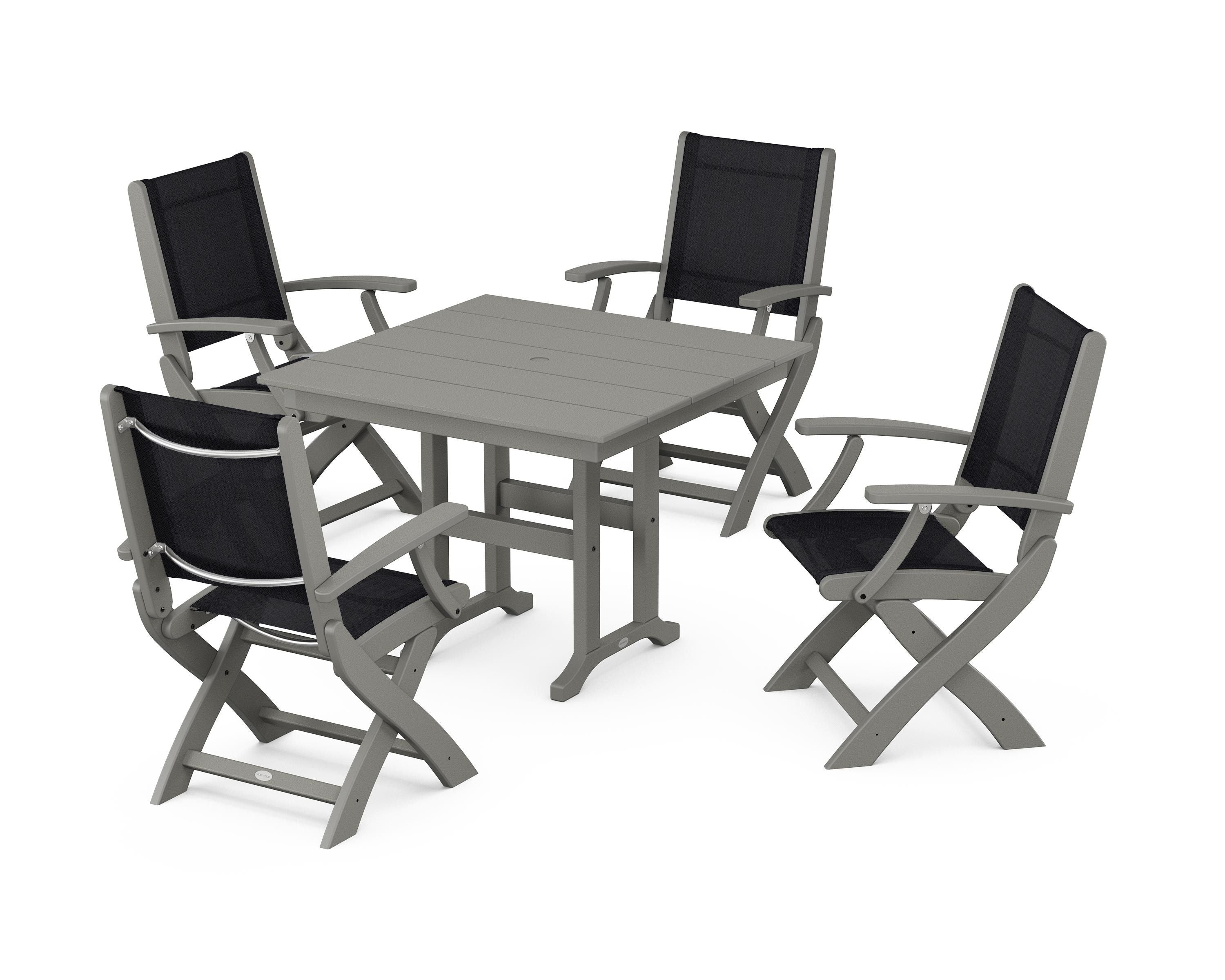 POLYWOOD Coastal Folding Chair 5-Piece Farmhouse Dining Set in Slate Grey / Black Sling