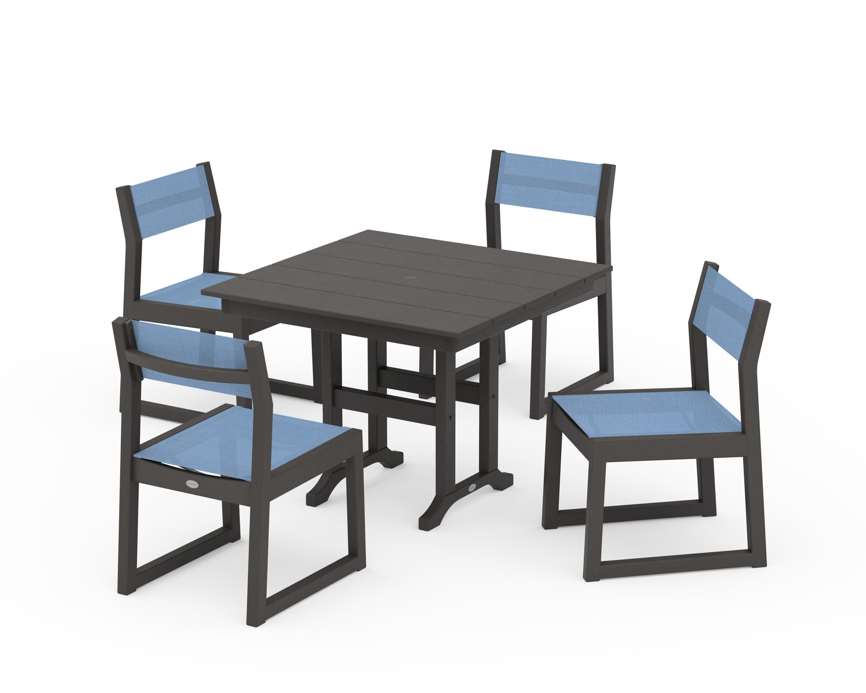 POLYWOOD EDGE Sling Side Chair 5-Piece Farmhouse Dining Set in Vintage Coffee / Poolside Sling