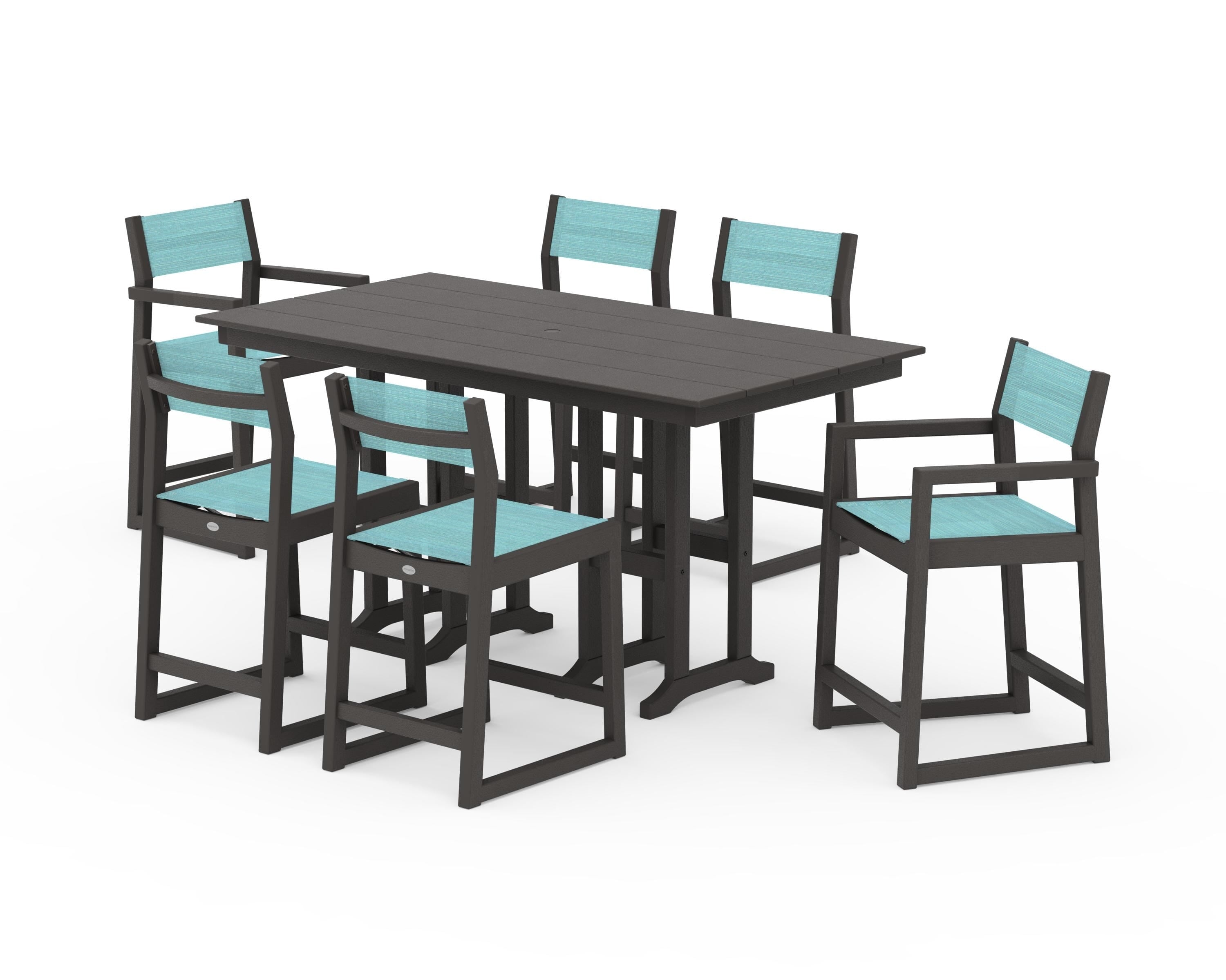 POLYWOOD EDGE Sling 7-Piece Farmhouse Counter Set with Trestle Legs in Vintage Coffee / Dupioni Aquamarine Sling