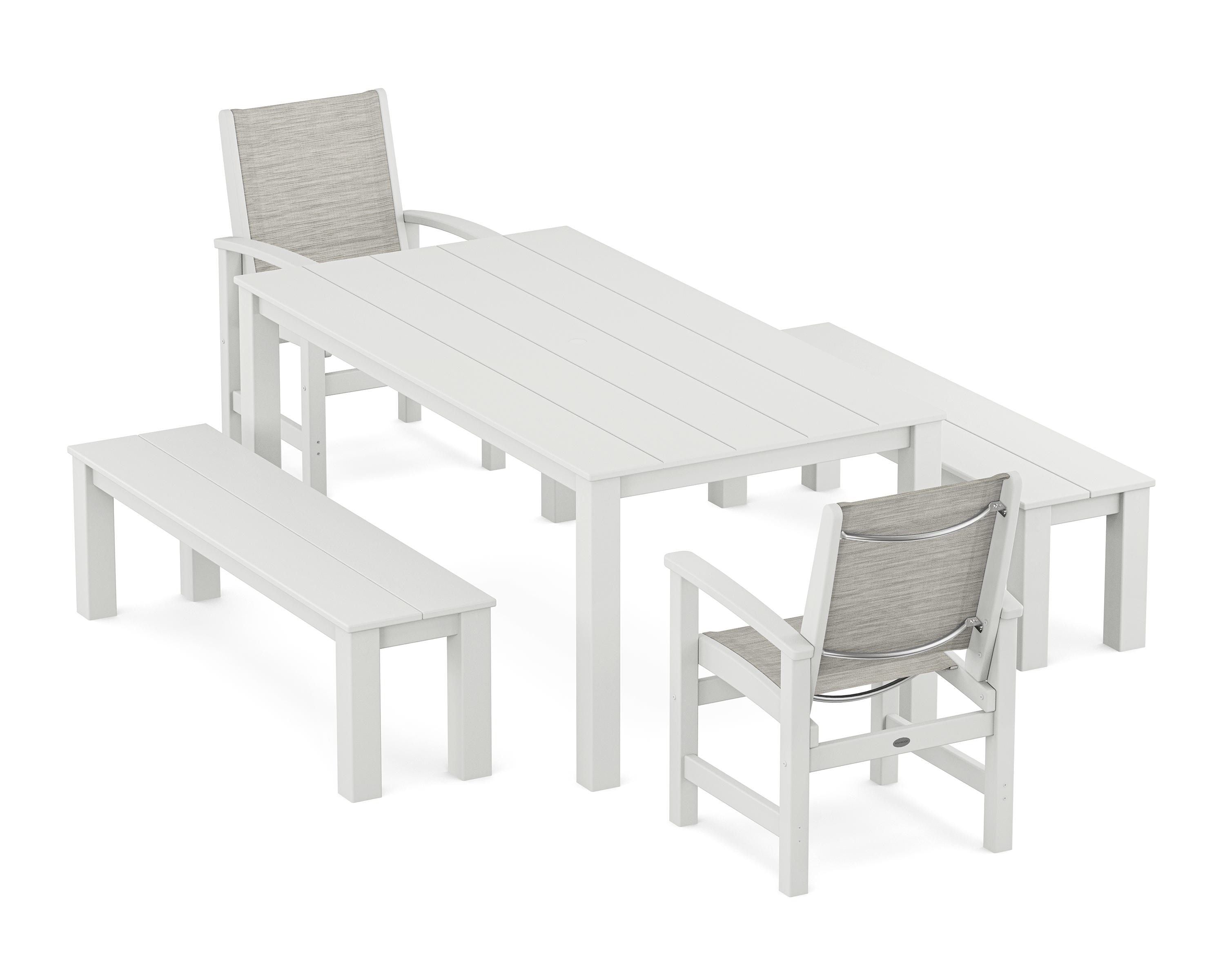 POLYWOOD Coastal 5-Piece Parsons Dining Set with Benches in White / Birch Sling