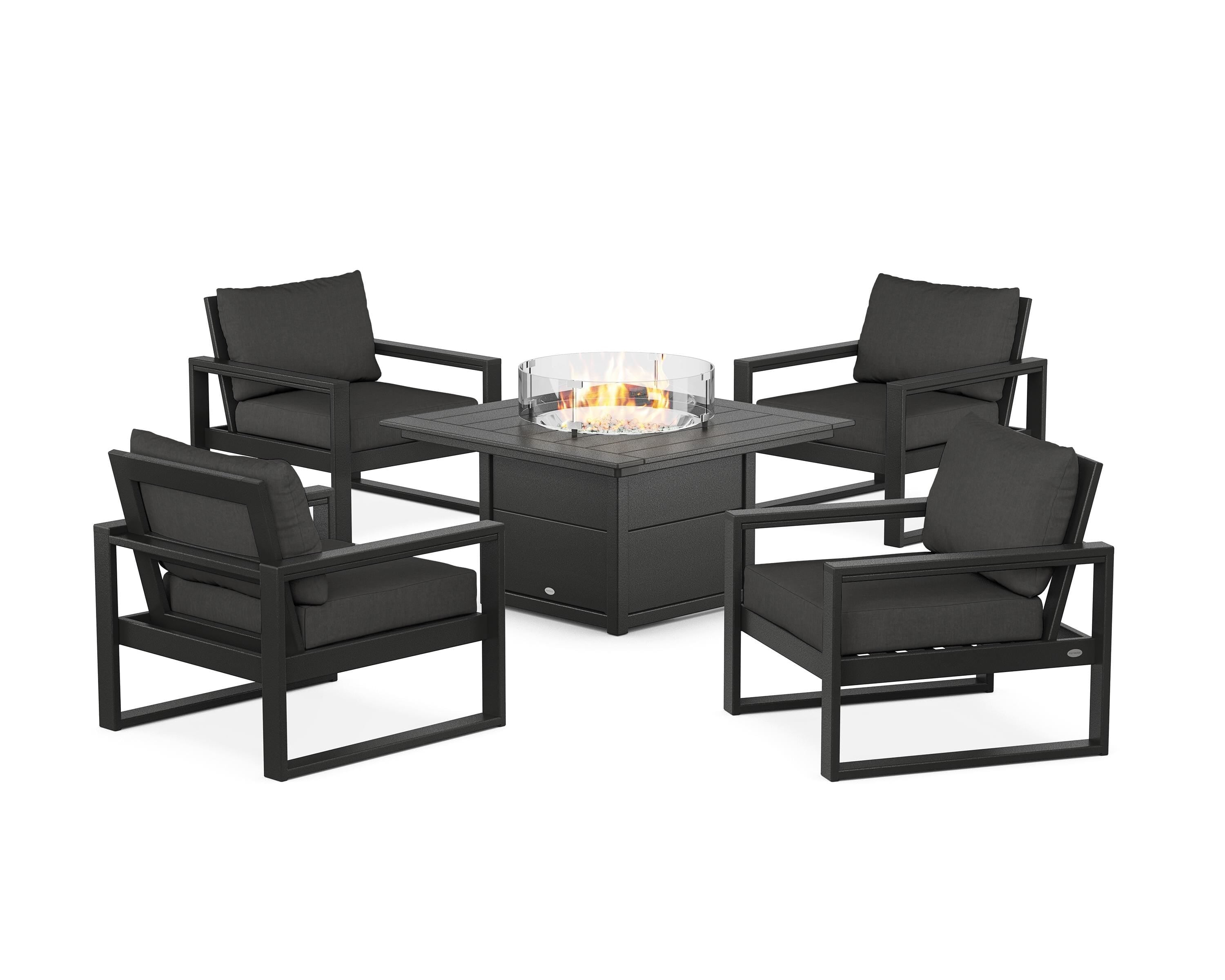 POLYWOOD EDGE Sectional 5-Piece Deep Seating Set with Fire Pit Table in Black / Spectrum Carbon