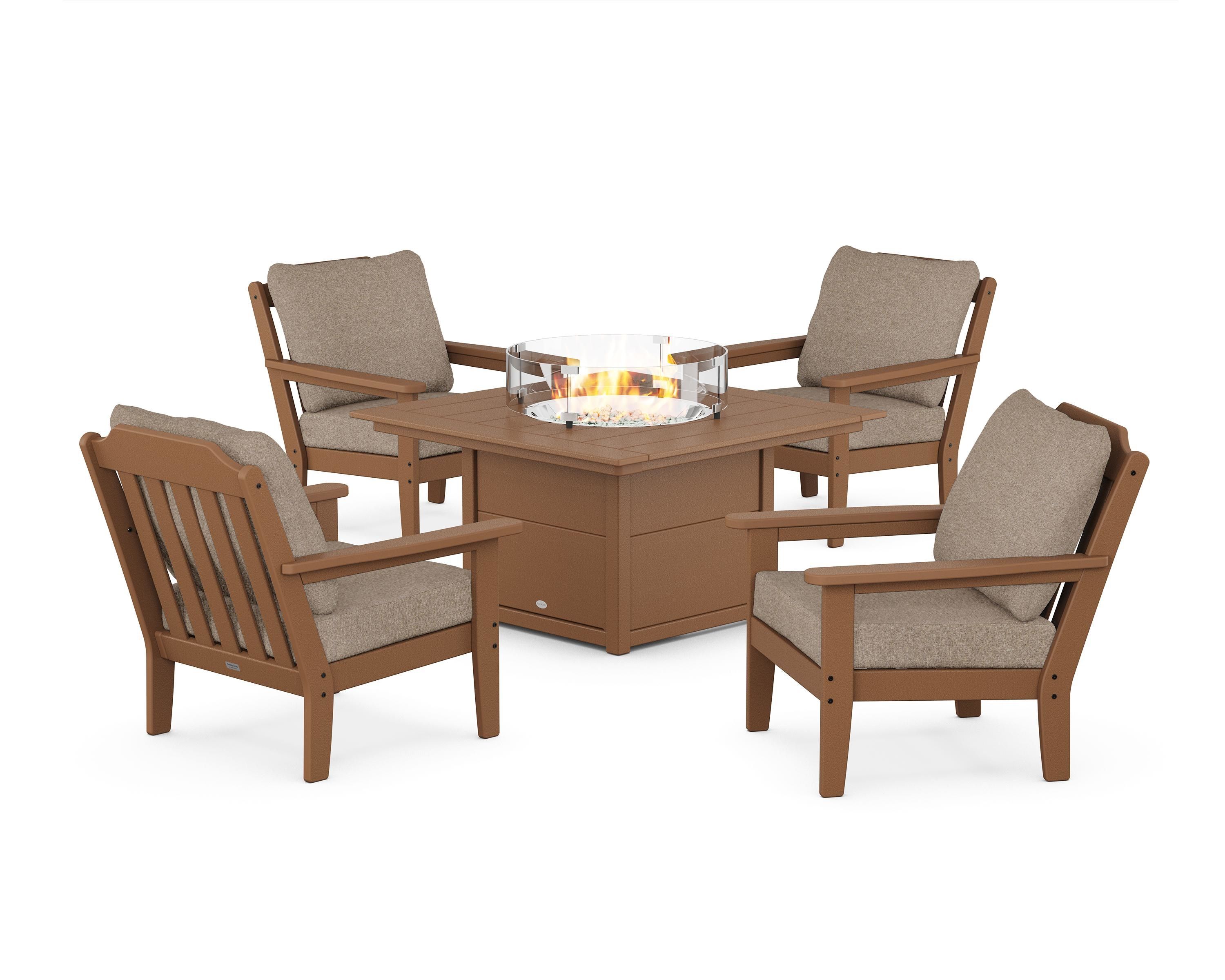 Country Living Cottage 5-Piece Deep Seating Set with Fire Pit Table in Teak / Spiced Burlap