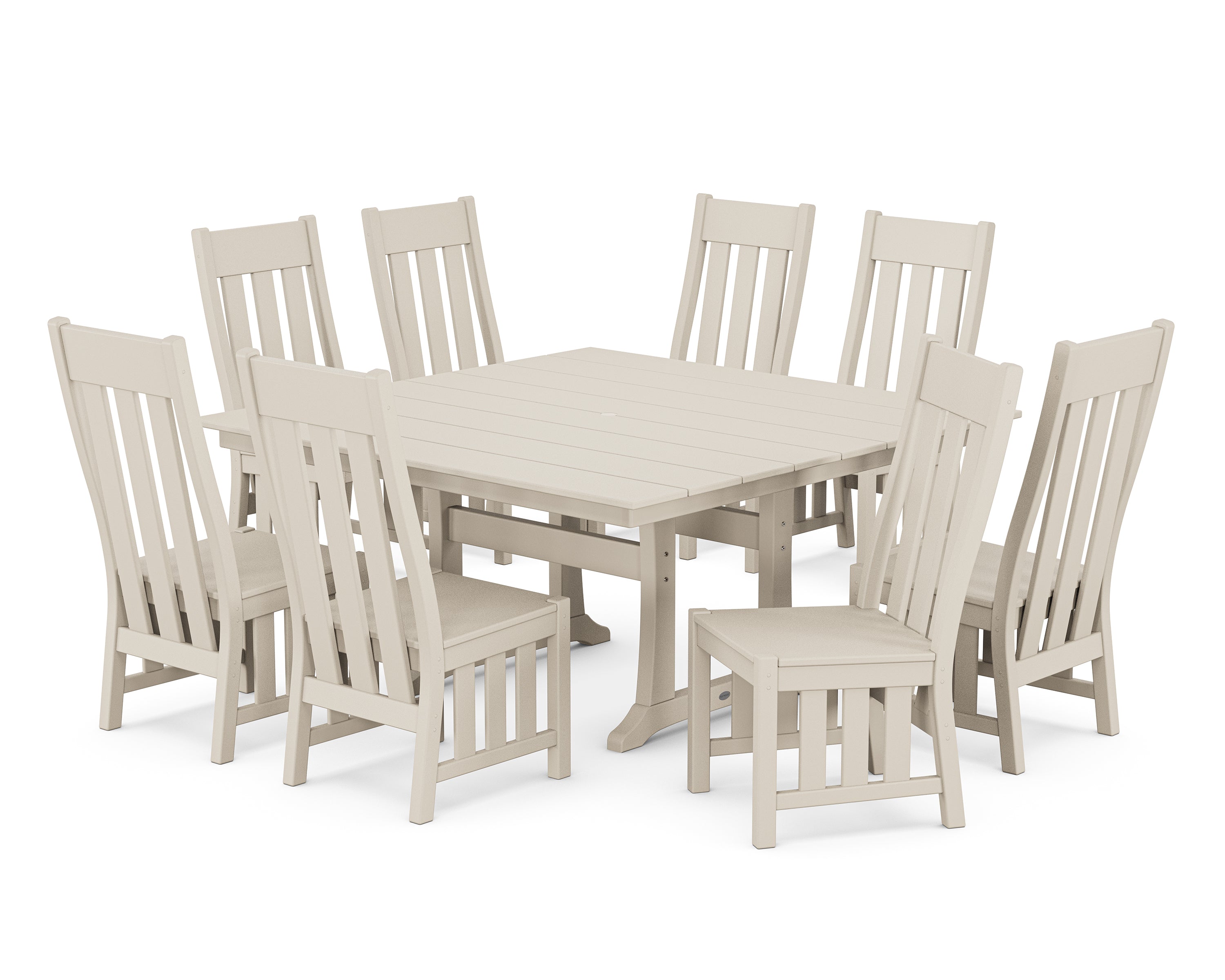 Martha Stewart by POLYWOOD Acadia Side Chair 9-Piece Square Farmhouse Dining Set with Trestle Legs in Sand