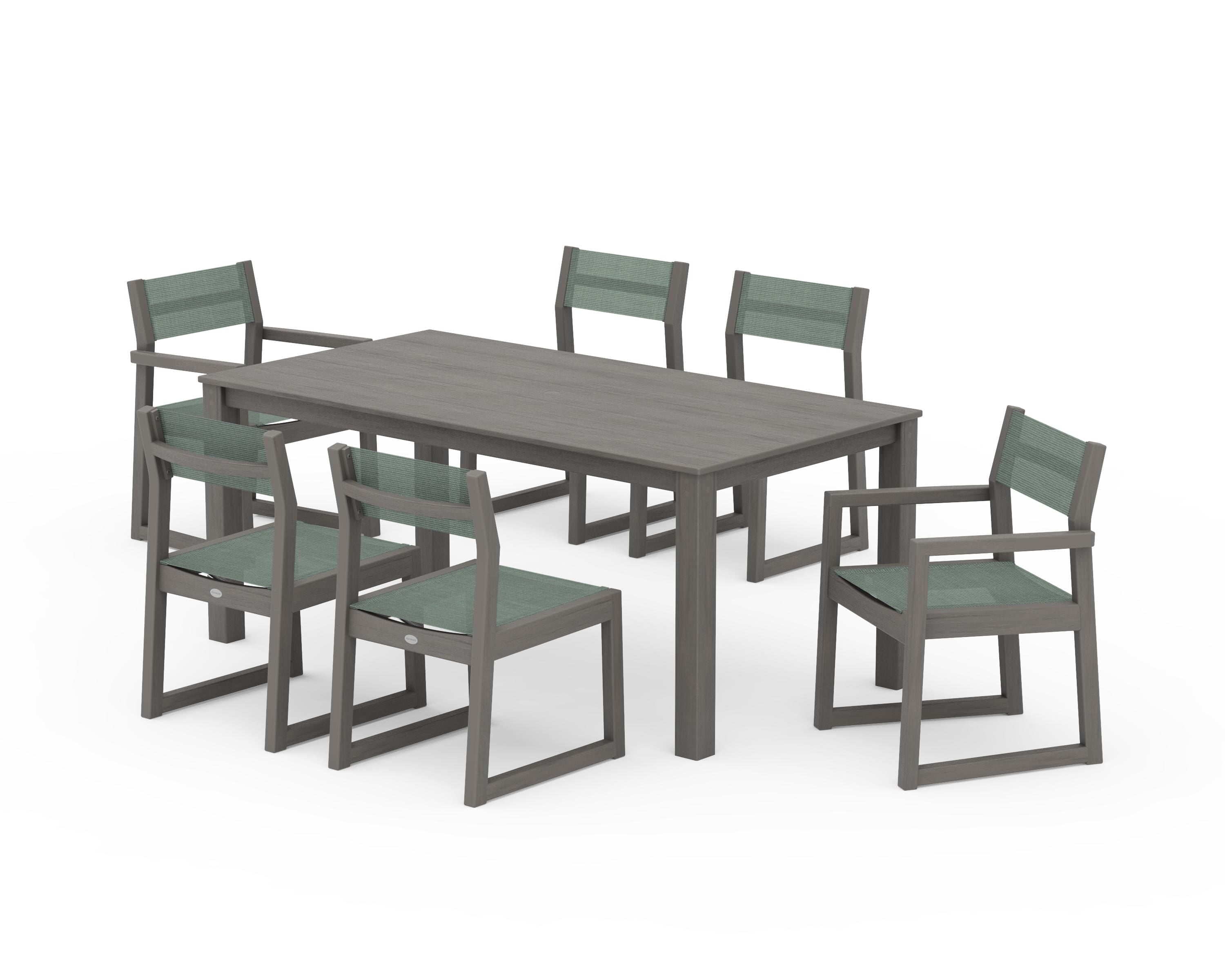POLYWOOD EDGE Sling 7-Piece Parsons Dining Set in Driftwood / Dupioni Sea Mist Sling