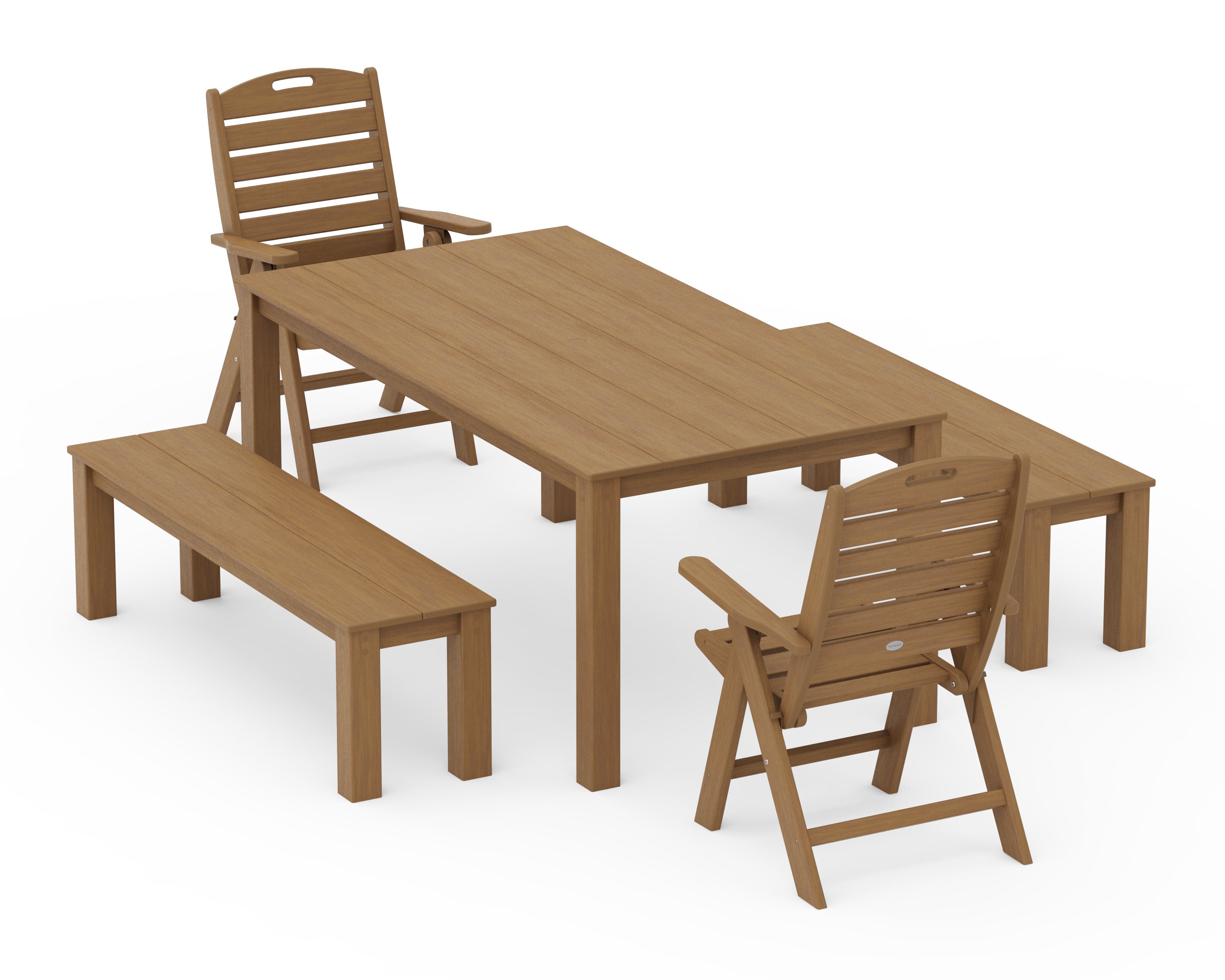 POLYWOOD Nautical Folding Highback Chair 5-Piece Parsons Dining Set with Benches in Natural