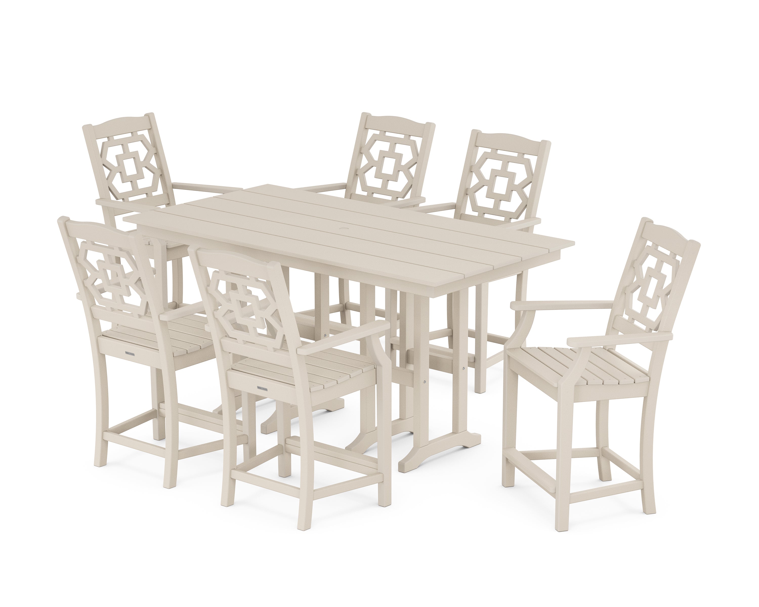 Martha Stewart by POLYWOOD Chinoiserie Arm Chair 7-Piece Farmhouse Counter Set in Sand