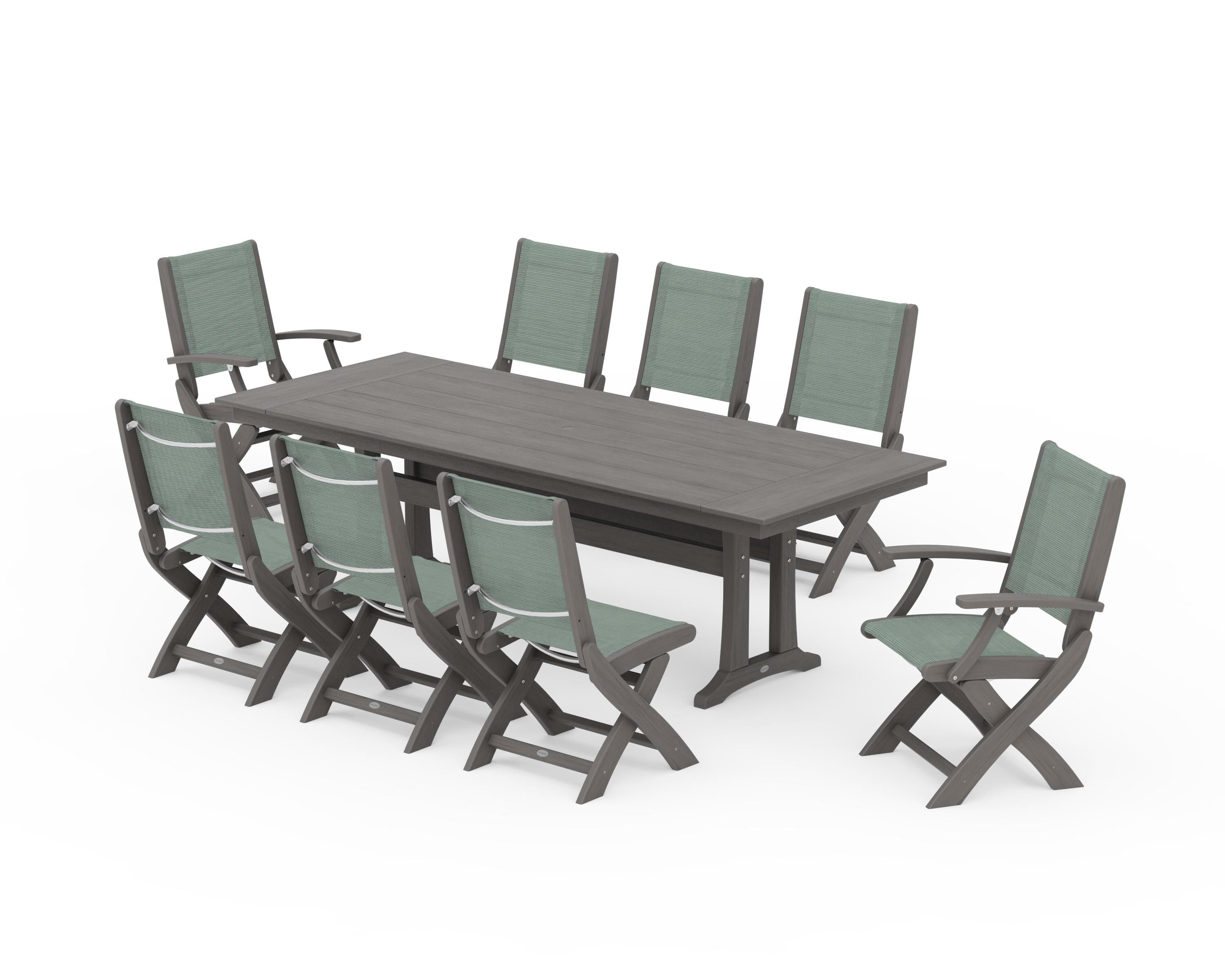 POLYWOOD Coastal 9-Piece Folding Dining Chair Farmhouse Dining Set with Trestle Legs in Driftwood / Dupioni Sea Mist Sling
