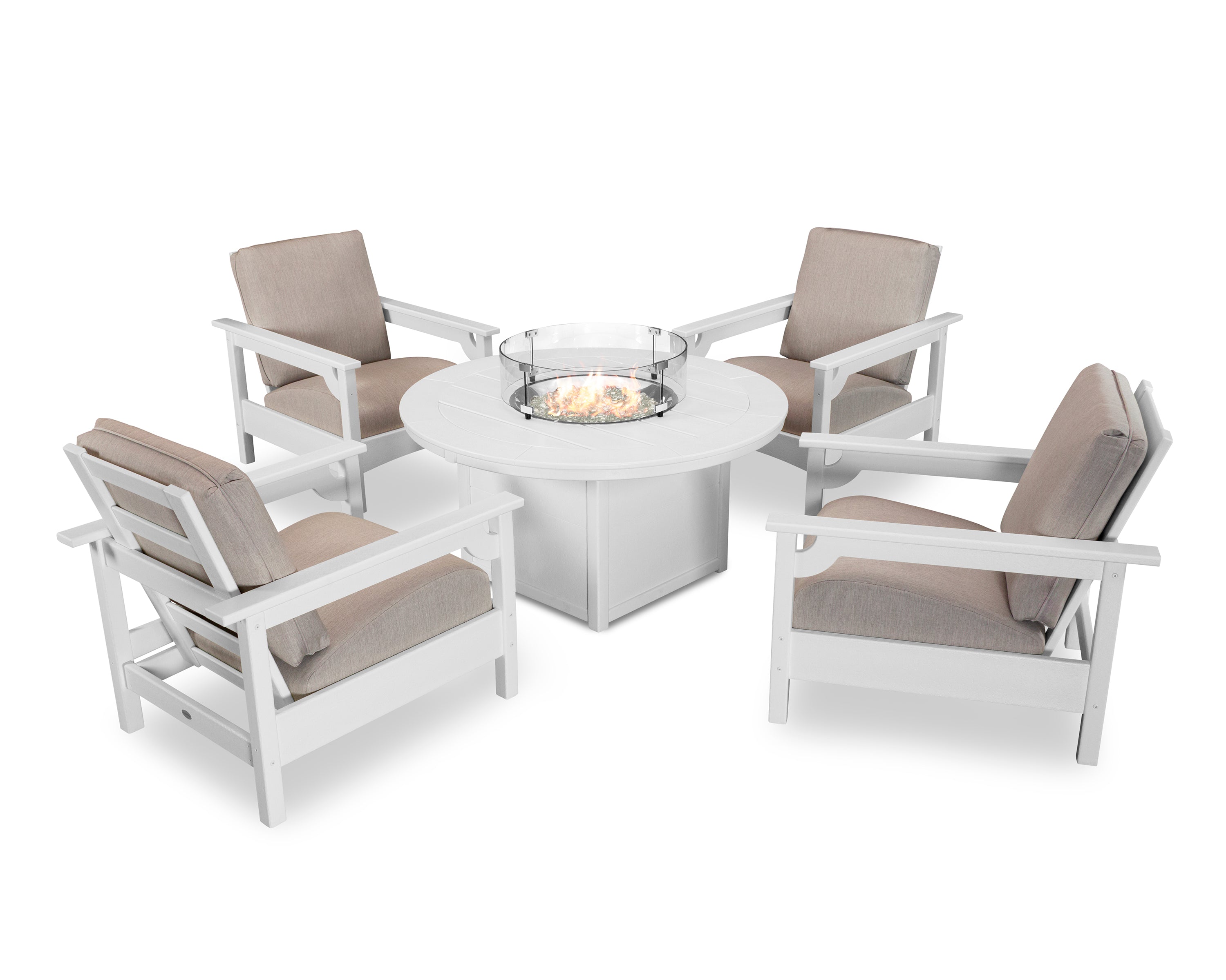 POLYWOOD Club 5-Piece Conversation Set with Fire Pit Table in White / Cast Ash
