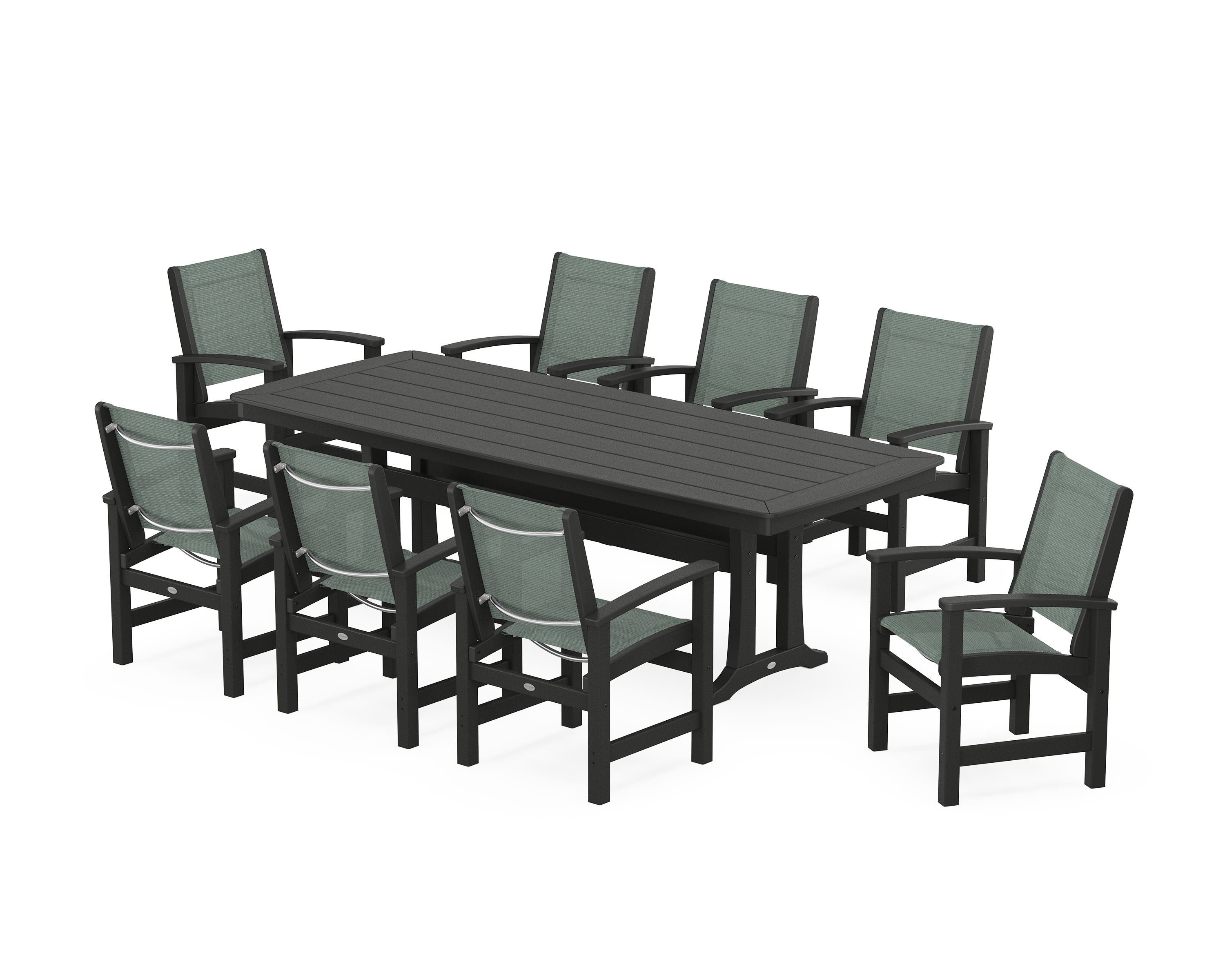 POLYWOOD Coastal 9-Piece Dining Set with Trestle Legs in Black / Dupioni Sea Mist Sling
