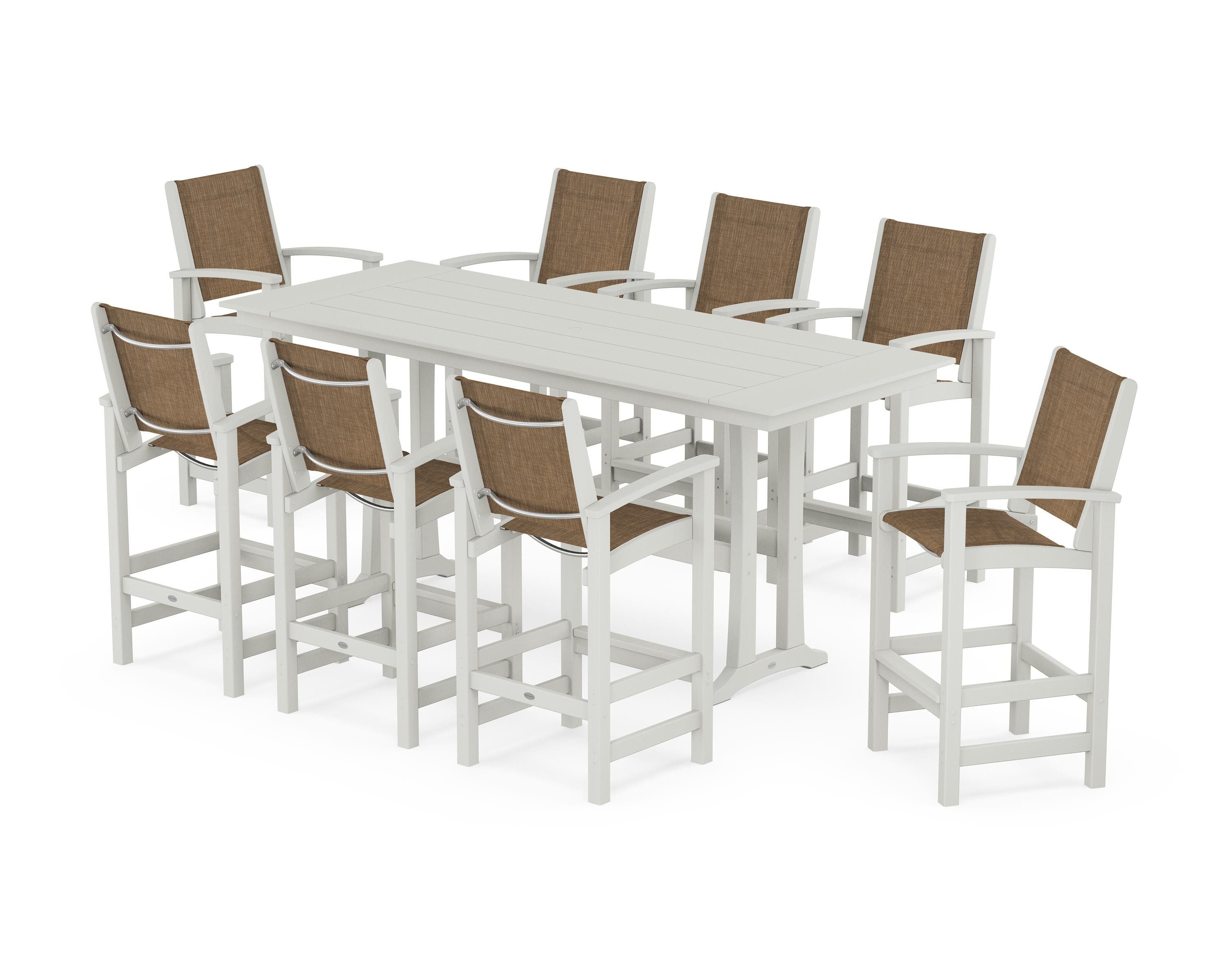POLYWOOD Coastal 9-Piece Farmhouse Bar Set with Trestle Legs in Vintage White / Burlap Sling