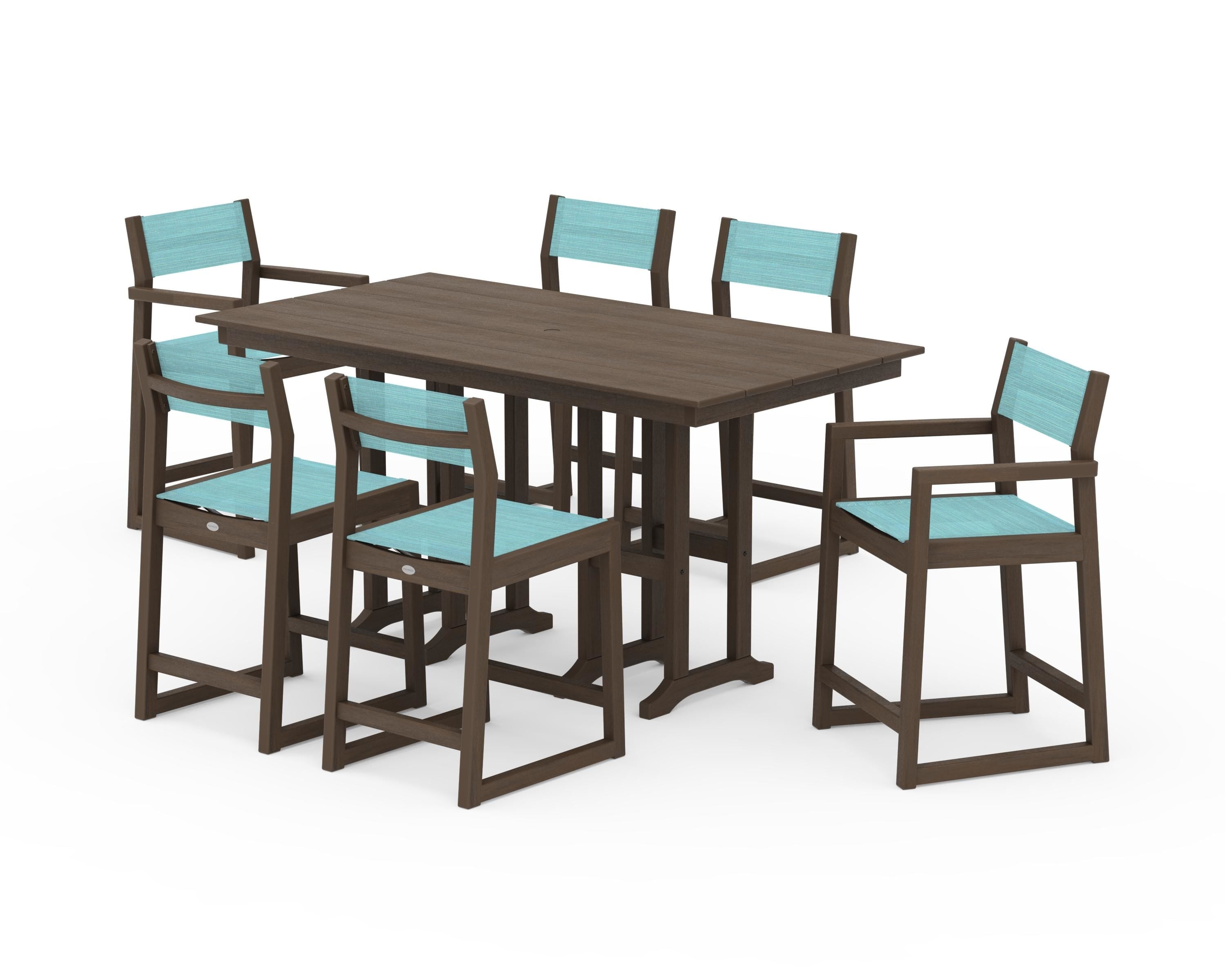 POLYWOOD EDGE Sling 7-Piece Farmhouse Counter Set in Kona / Dupioni Aquamarine Sling