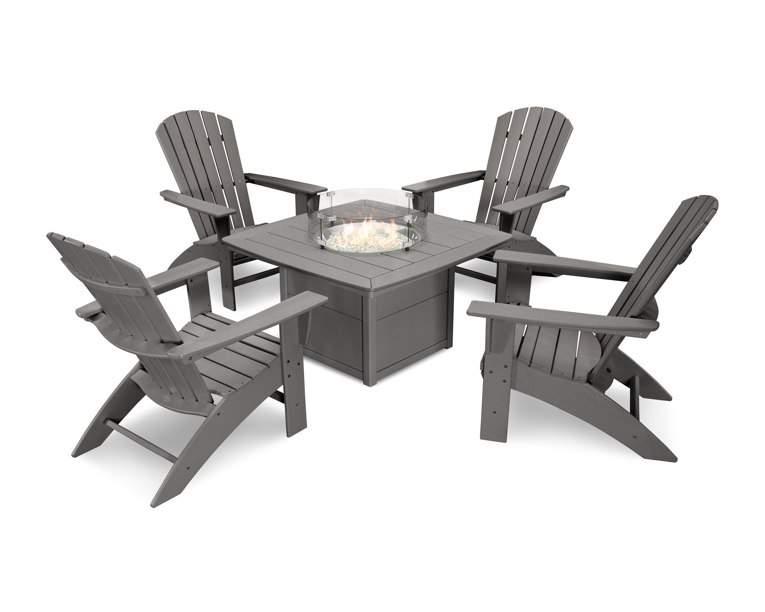 POLYWOOD Nautical Curveback Adirondack 5-Piece Conversation Set with Fire Pit Table in Slate Grey