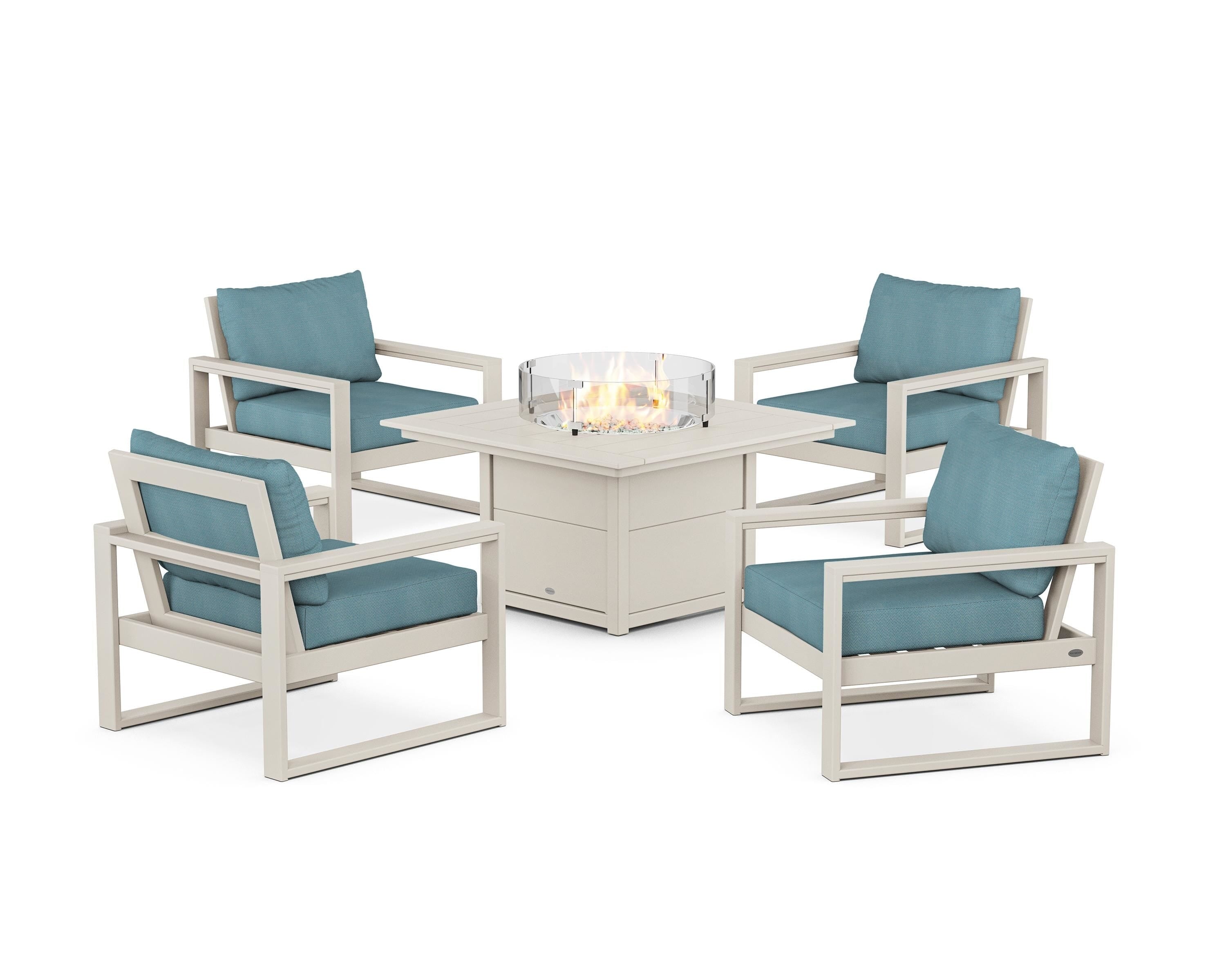 POLYWOOD EDGE Sectional 5-Piece Deep Seating Set with Fire Pit Table in Sand / Lattice Sky Blue